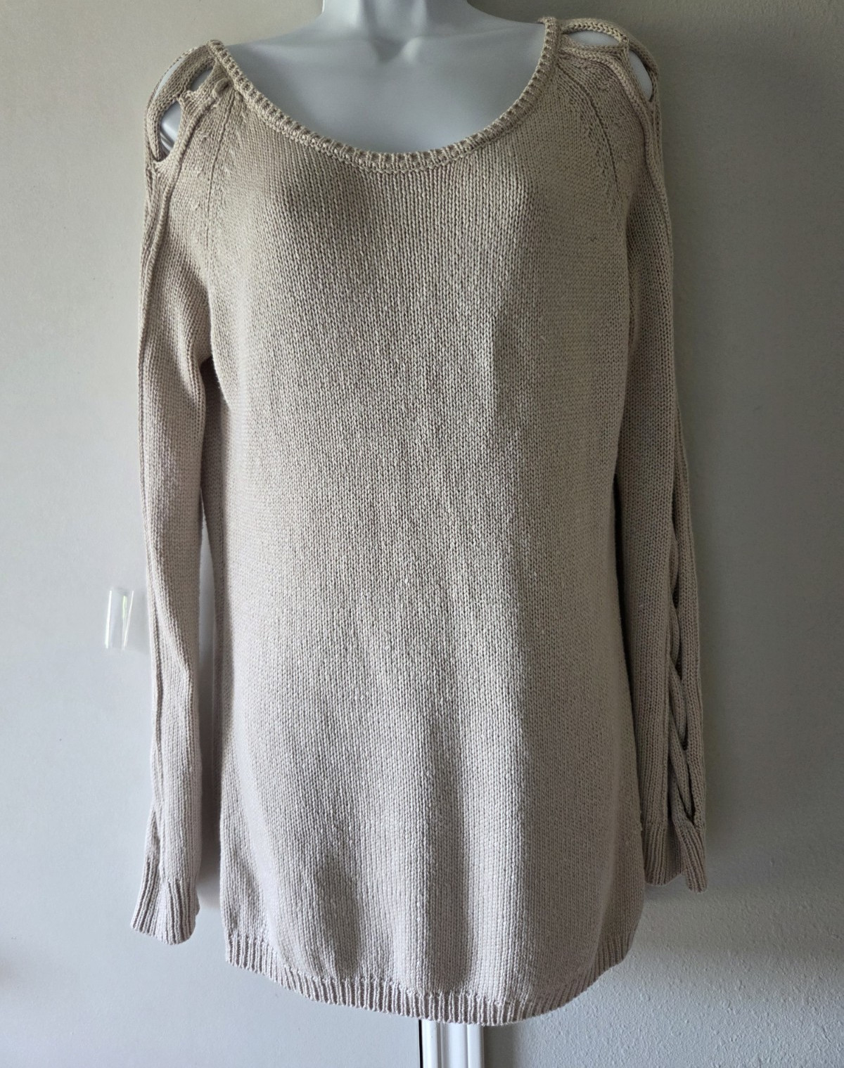 Venus Women’s M Beige Knit Acrylic Scoop Neck Long Sleeve Cutout Boho Y2K