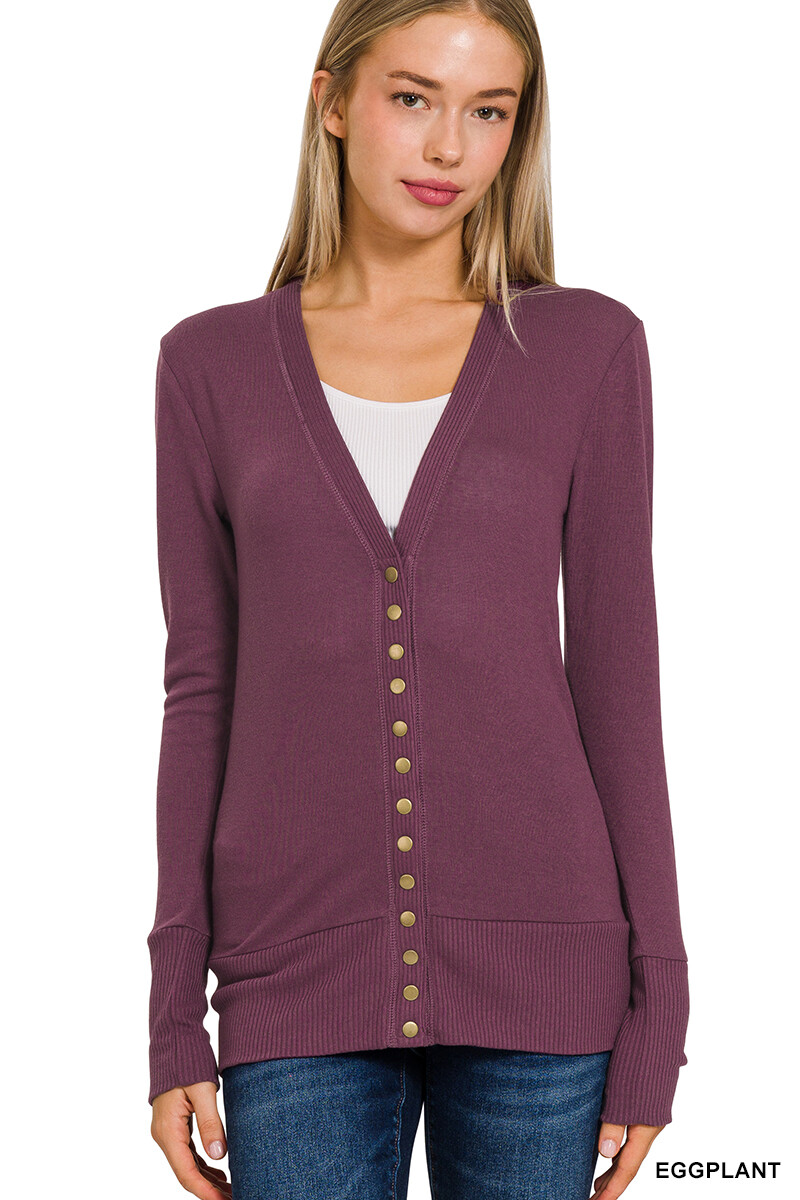 Snap Button Front V Neck Long Sleeve Sweater Cardigan Ribbed Details HW-2039