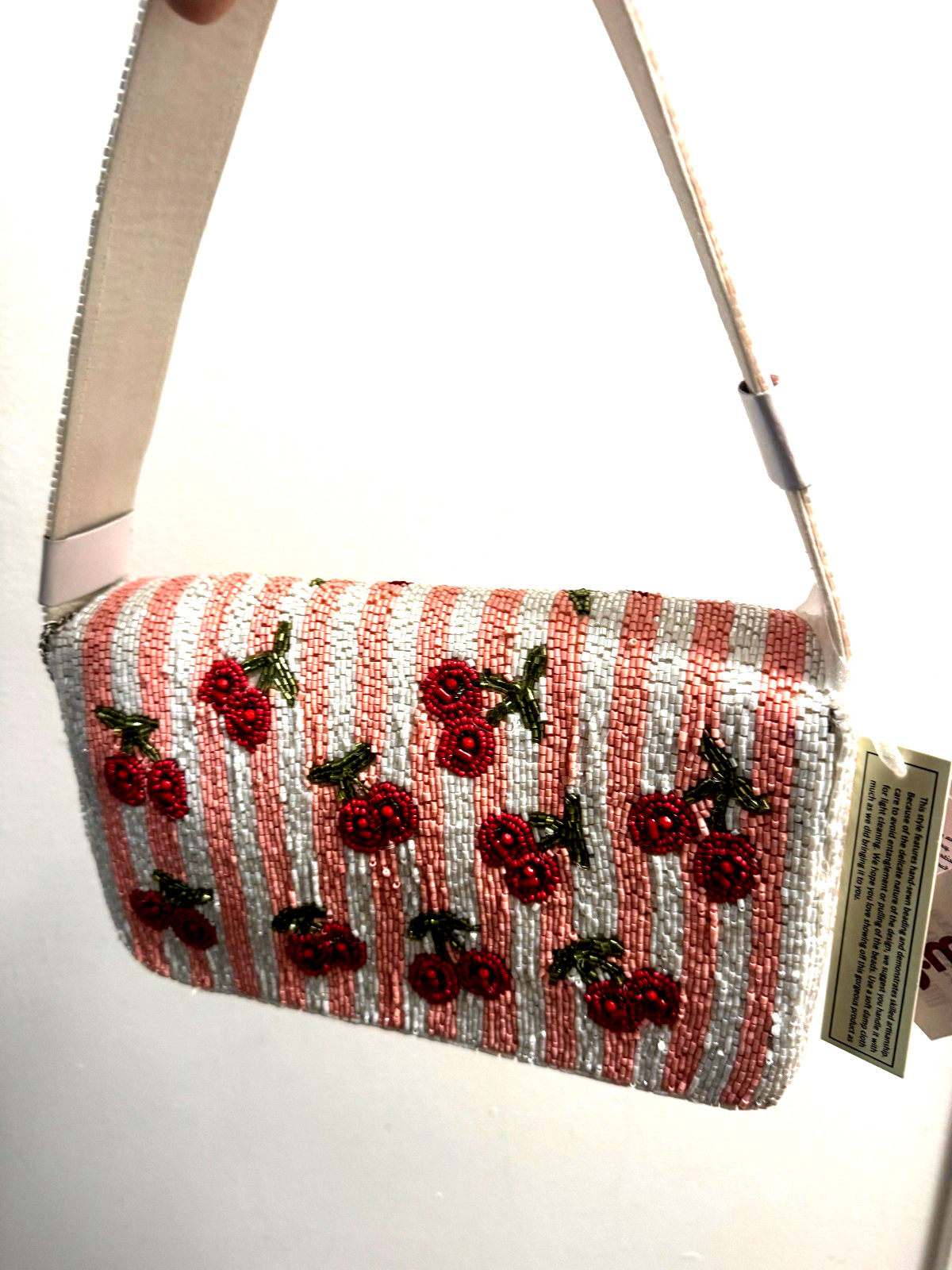 Pink Striped Beaded with Cherry Motif bag made in india