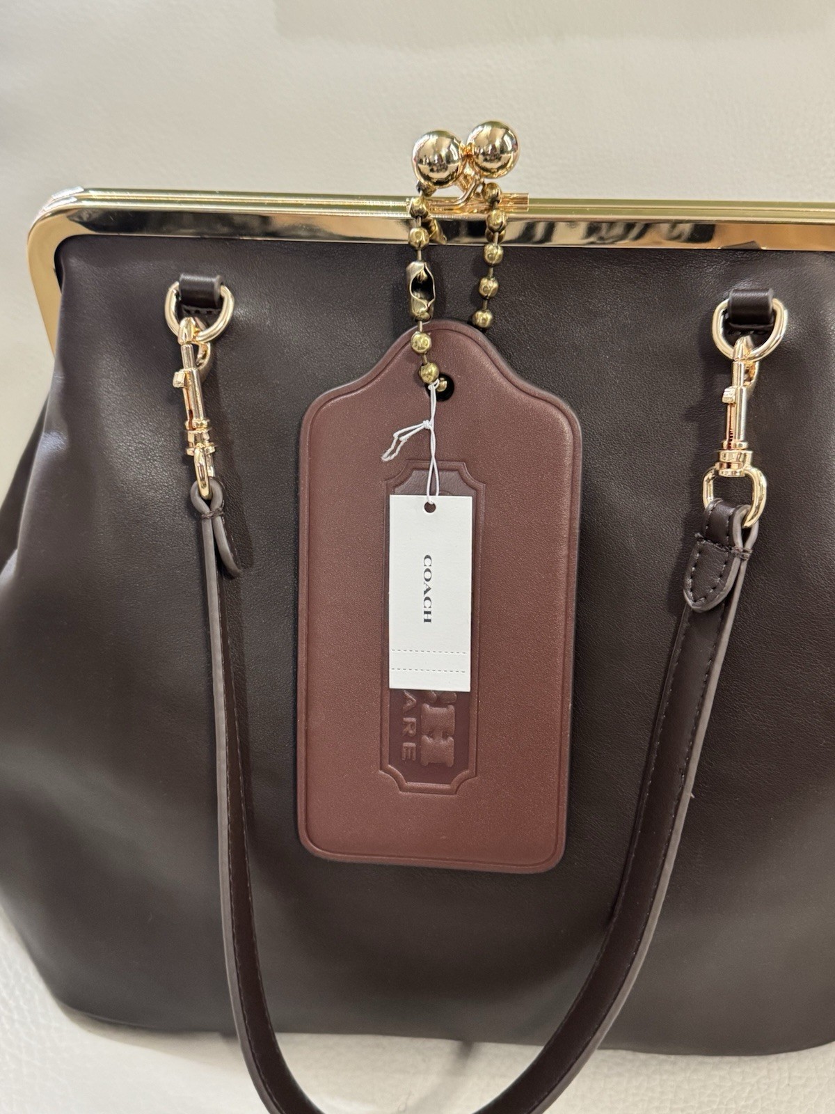 COACH OVERSIZED Brown Leather XL 6.75 Inches Hangtag Bag Purse Charm Maple NEW