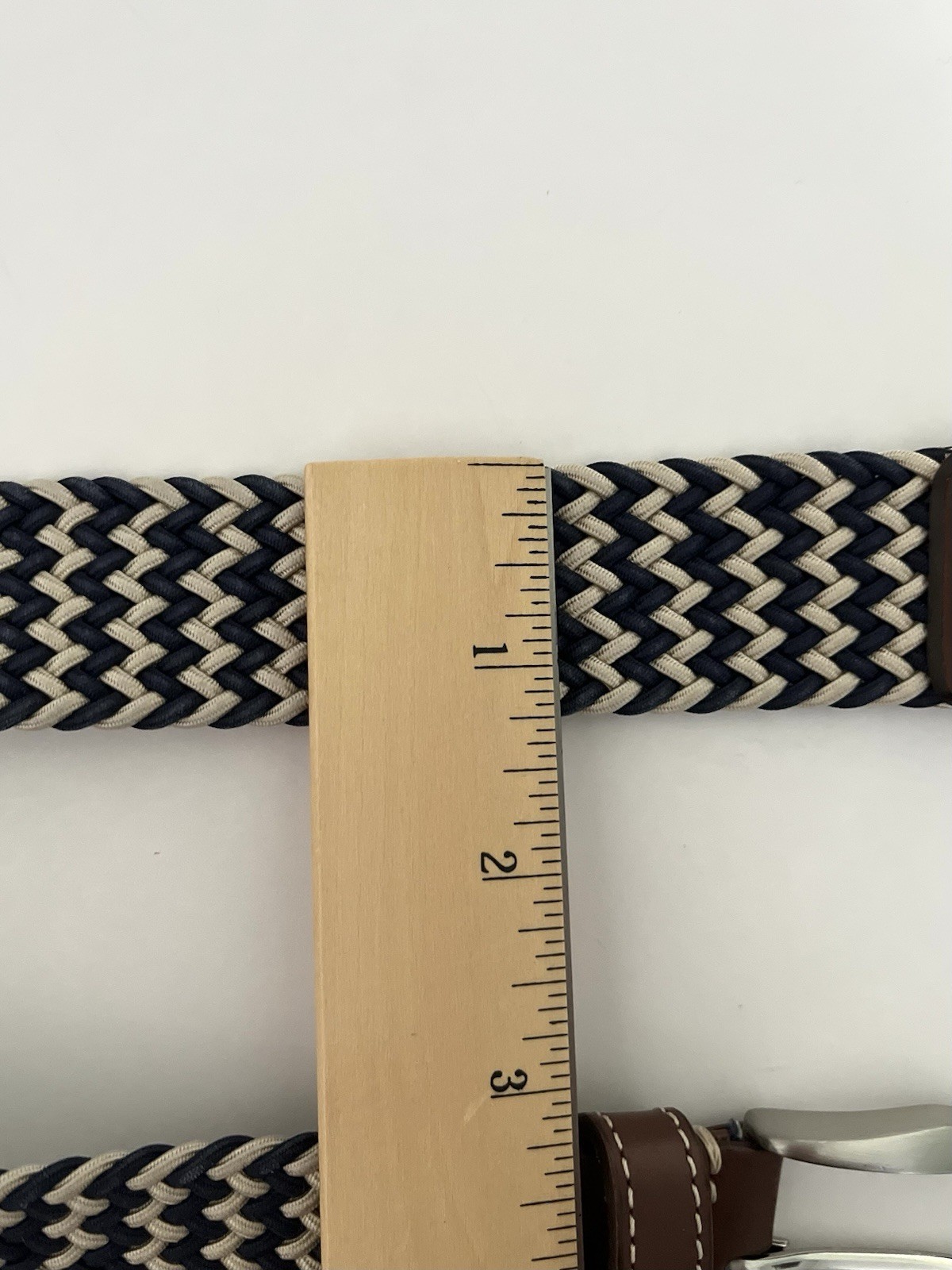 Martin Dingman Leather End Belt Beige Navy Tan Braided Woven Rope Size 34