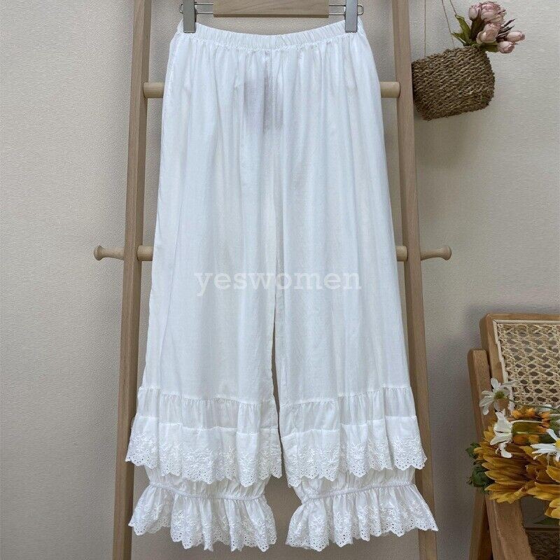 Women 100% Cotton Wide Leg Lace Lounge Pants Ruffle Bloomer Pettipant Trousers