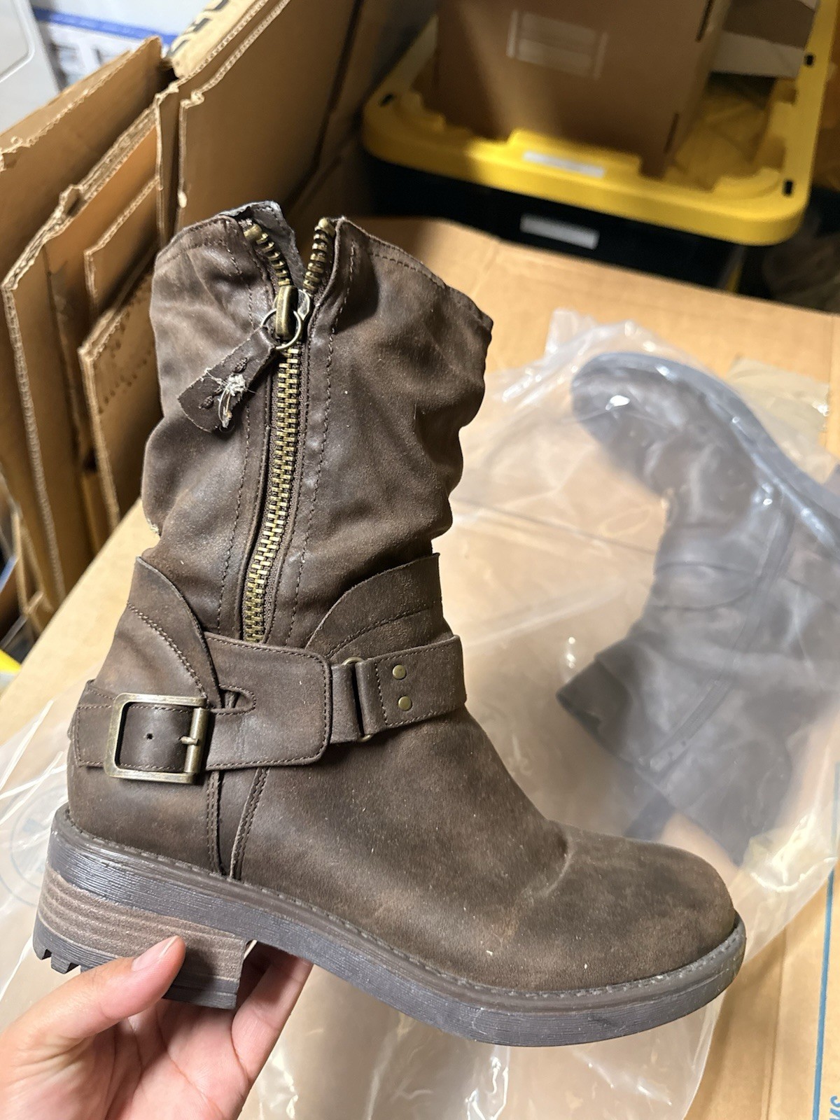 Fergie Women’s Brown Leather Mid-Calf Biker Boots Zip Buckle Round Toe 8