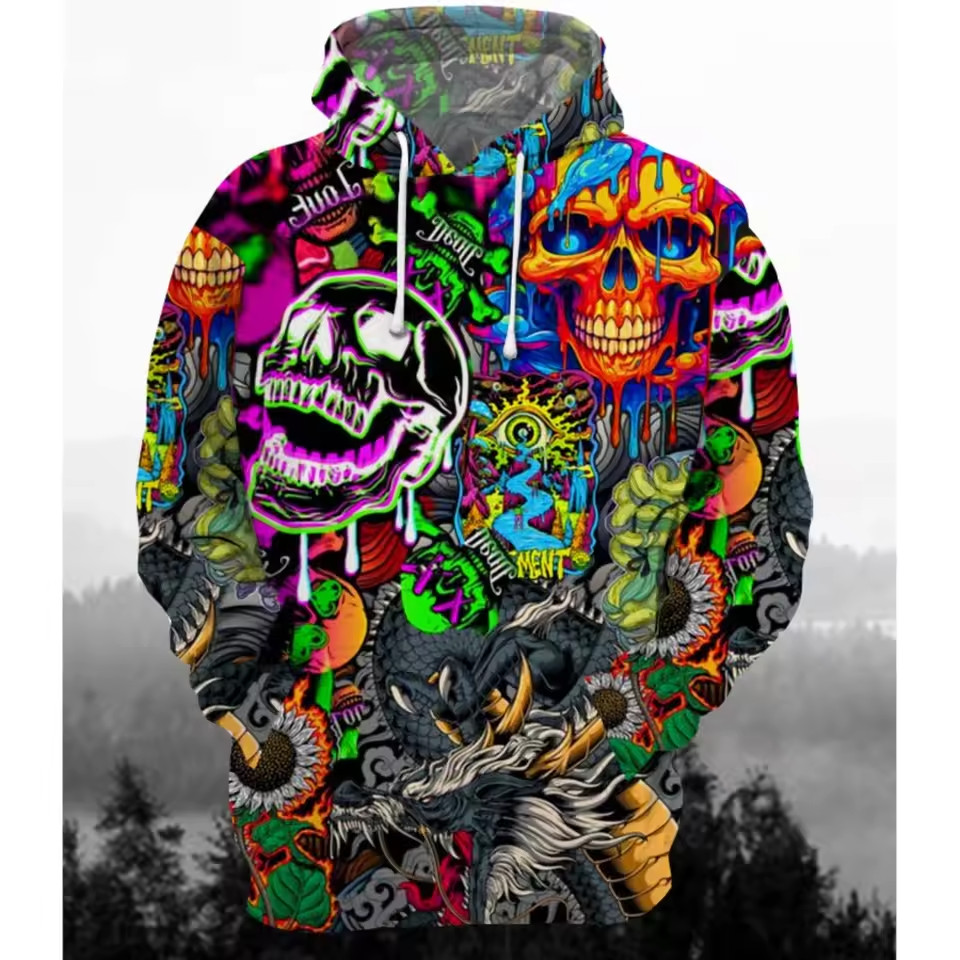 Psychedelic Skull Hoodie Men’s 3D Trippy Neon Graphic Print Pullover Rave Top