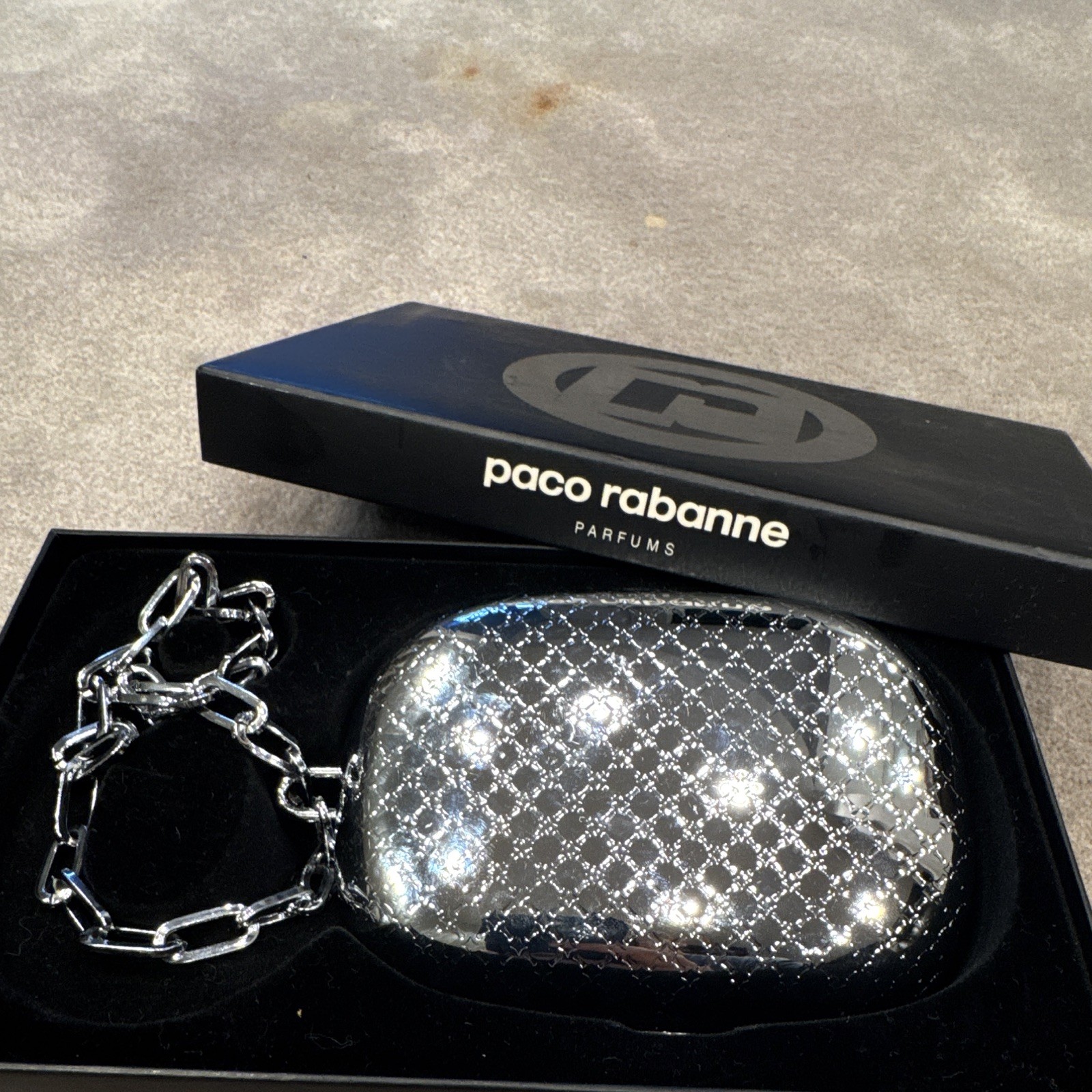 Paco Rabanne Silver Metallic Oval Clutch Chain Strap w/ Box