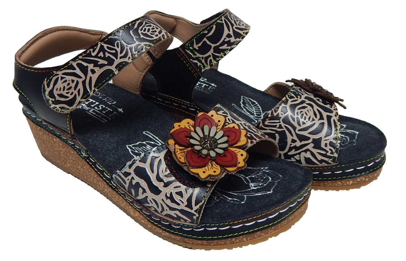 L’Artiste by Spring Step Cuteness Size EU 35 (US 5) Wedge Sandals Black Floral