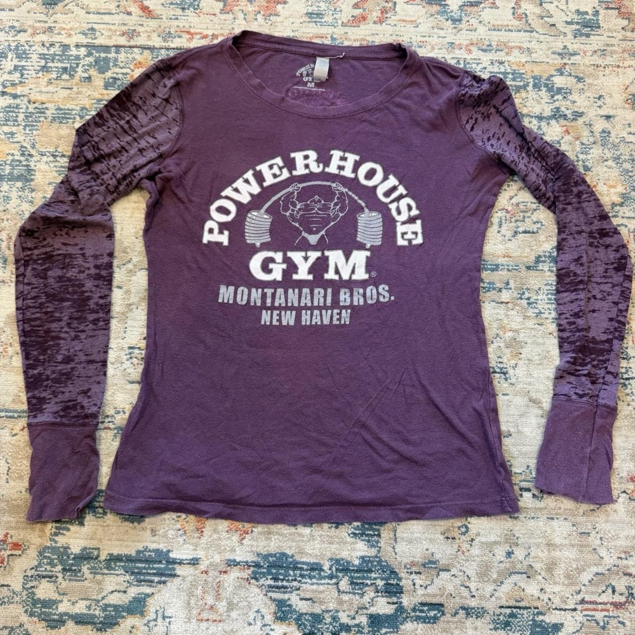 Vintage Y2K Powerhouse Gym Arnold Womens Purple Sheer Long Sleeve Size Medium M