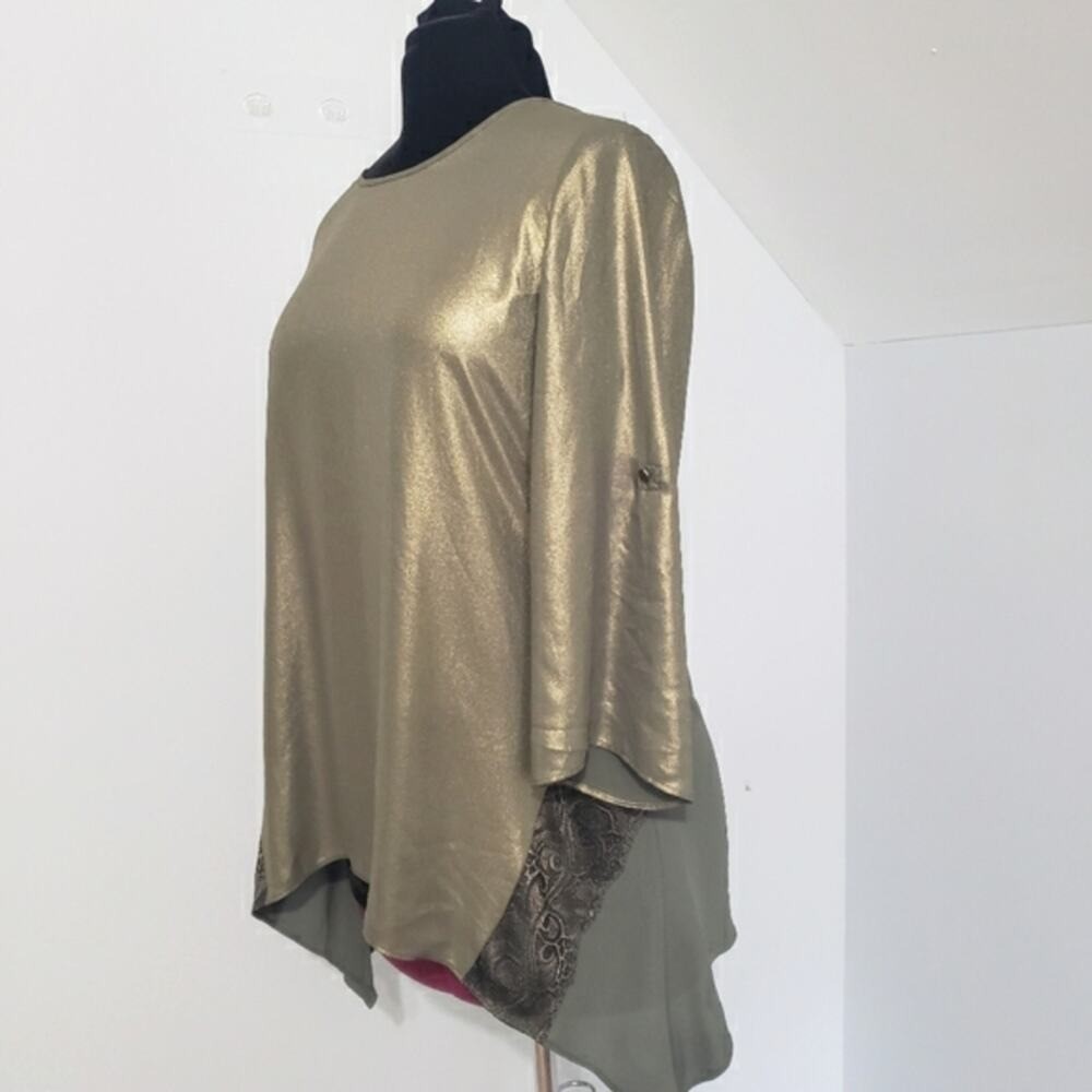 Chico’s Green Gold Metallic Lagenlook Asymmetric Hem Tunic Top Size Medium
