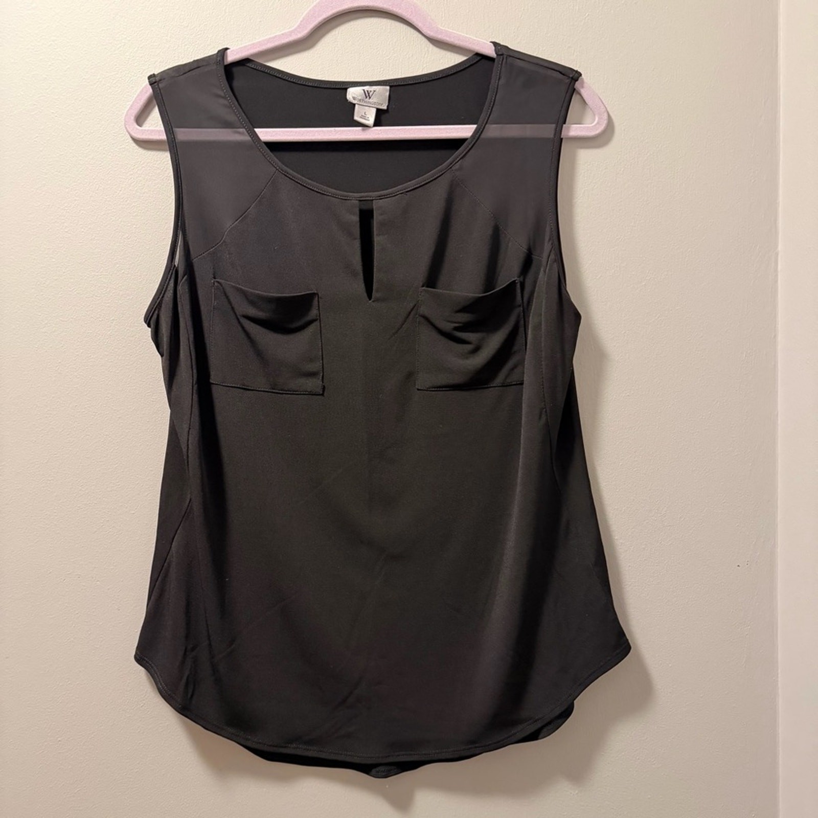 Worthington blouse tank black sheer pockets keyhole