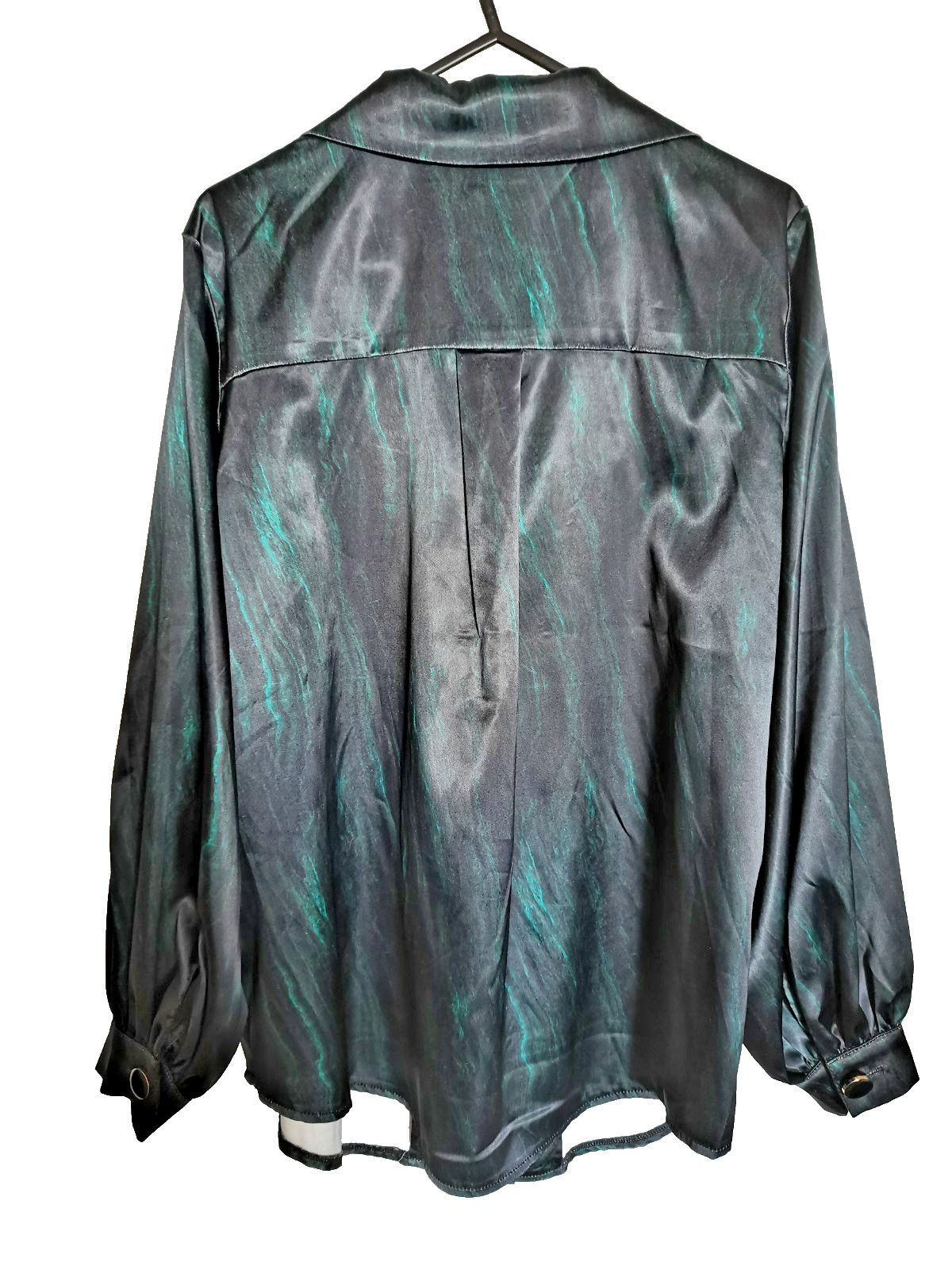 Satin Swirl Marble Print Shirt Emerald Green Black Notch Lapel Button Shirt