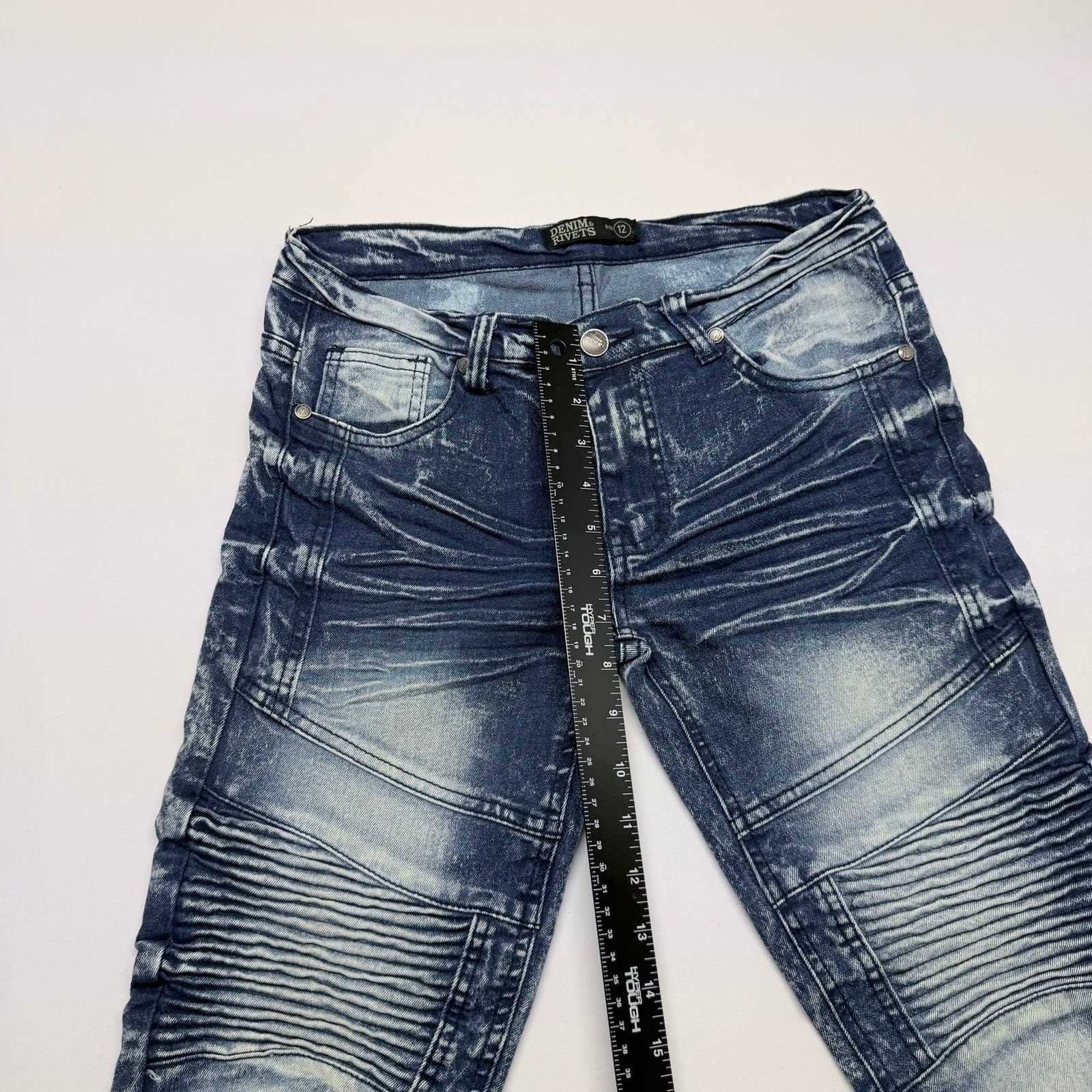 Denim & Rivets Mens Size 12 Blue Acid Wash Moto Biker Slim Stretch Jeans Ribbed