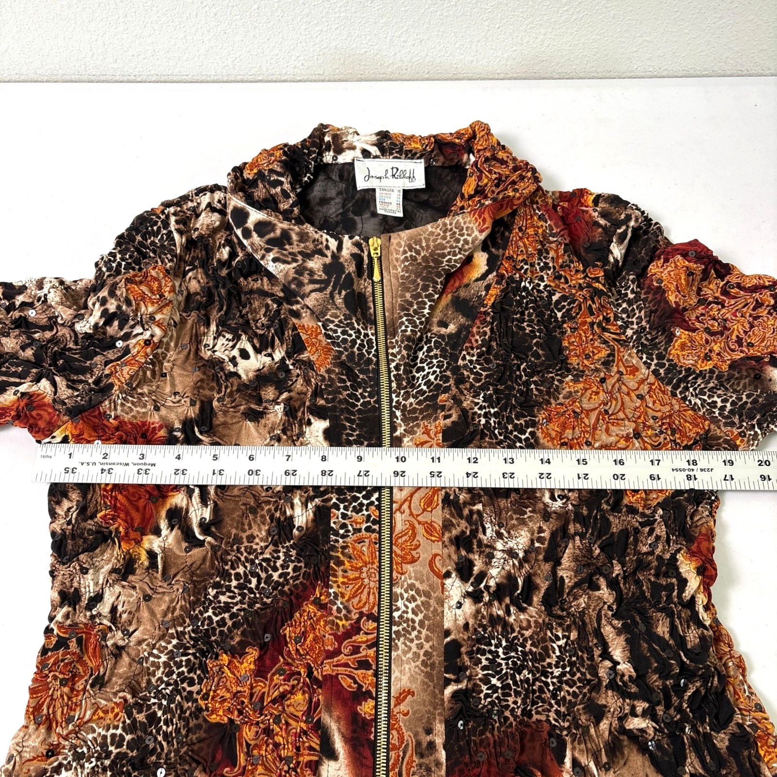 Joseph Ribkoff Jacket Womens Size 16 Brown Black Animal Print Sequin Zip Ruched