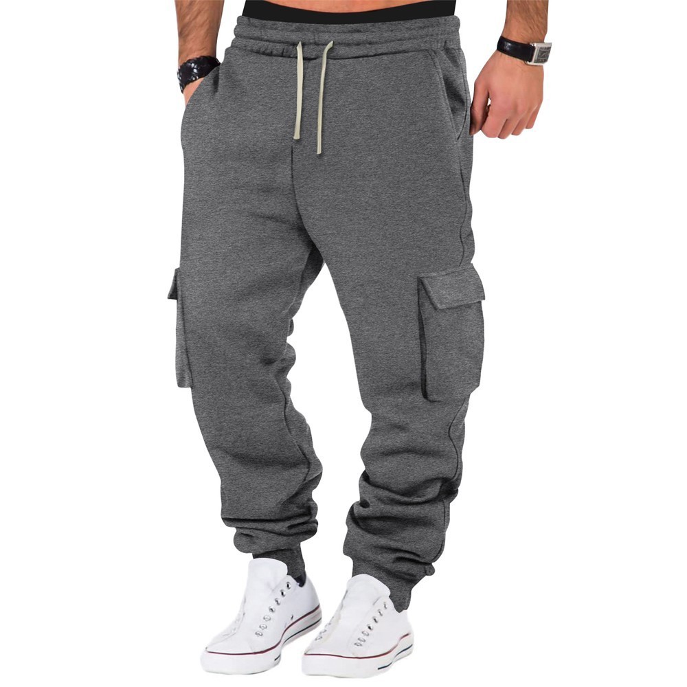 Spring Fall Men’s Cargo Joggers Soft Fleece Sweatpants Multi-Pockets Drawstring