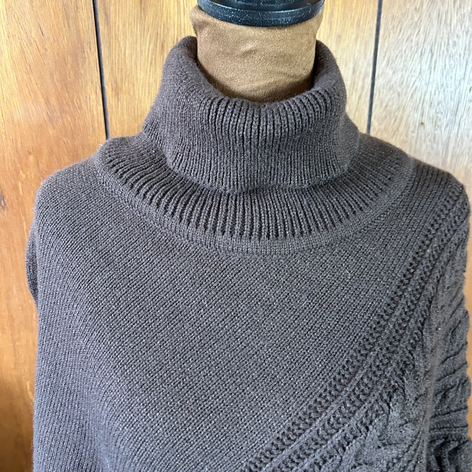 Charlie Paige Brown Cable Knit Turtleneck Asymmetrical Poncho Wrap One Size