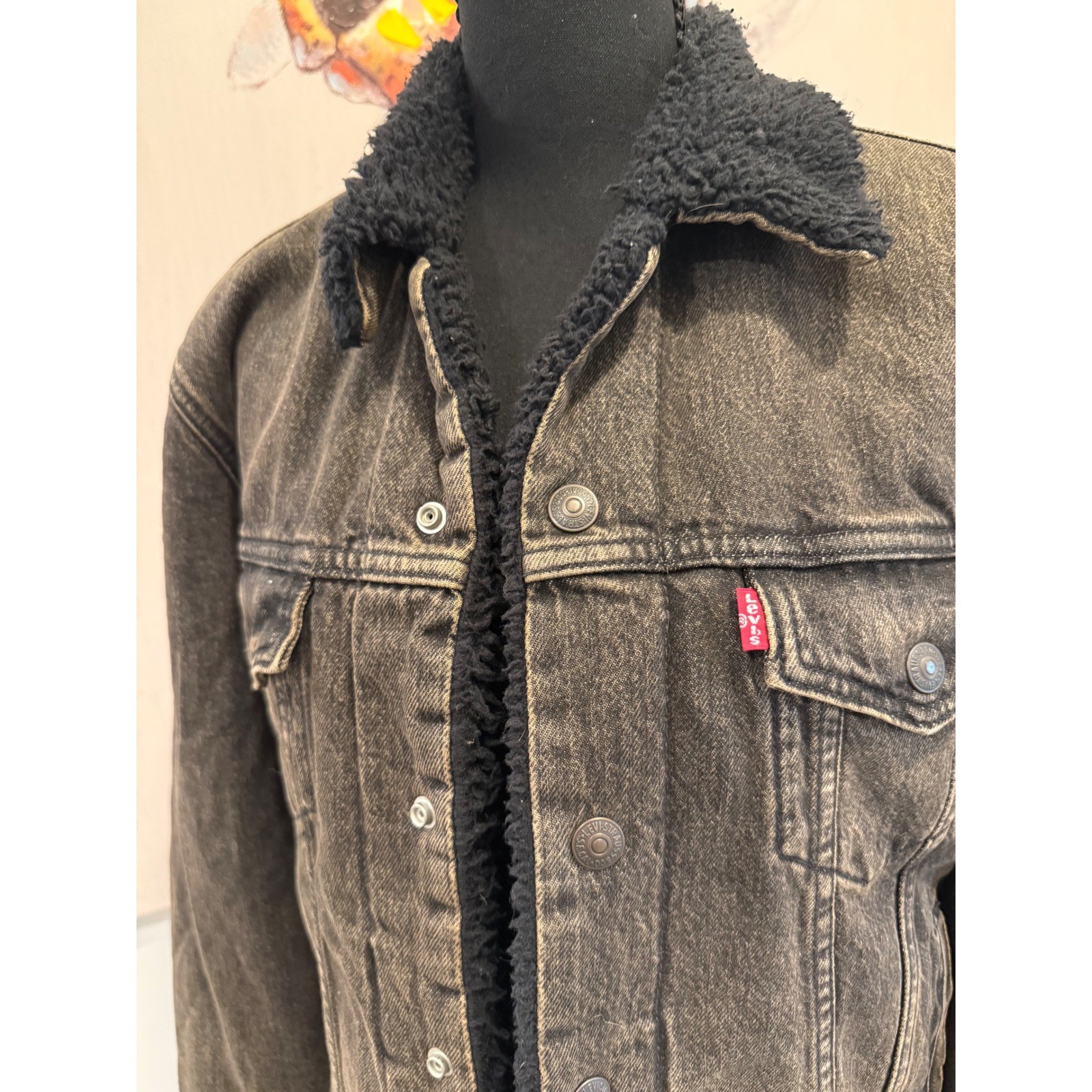 Levis Mens Sherpa Trucker Jacket Black Denim Faux Fur Lined Coat