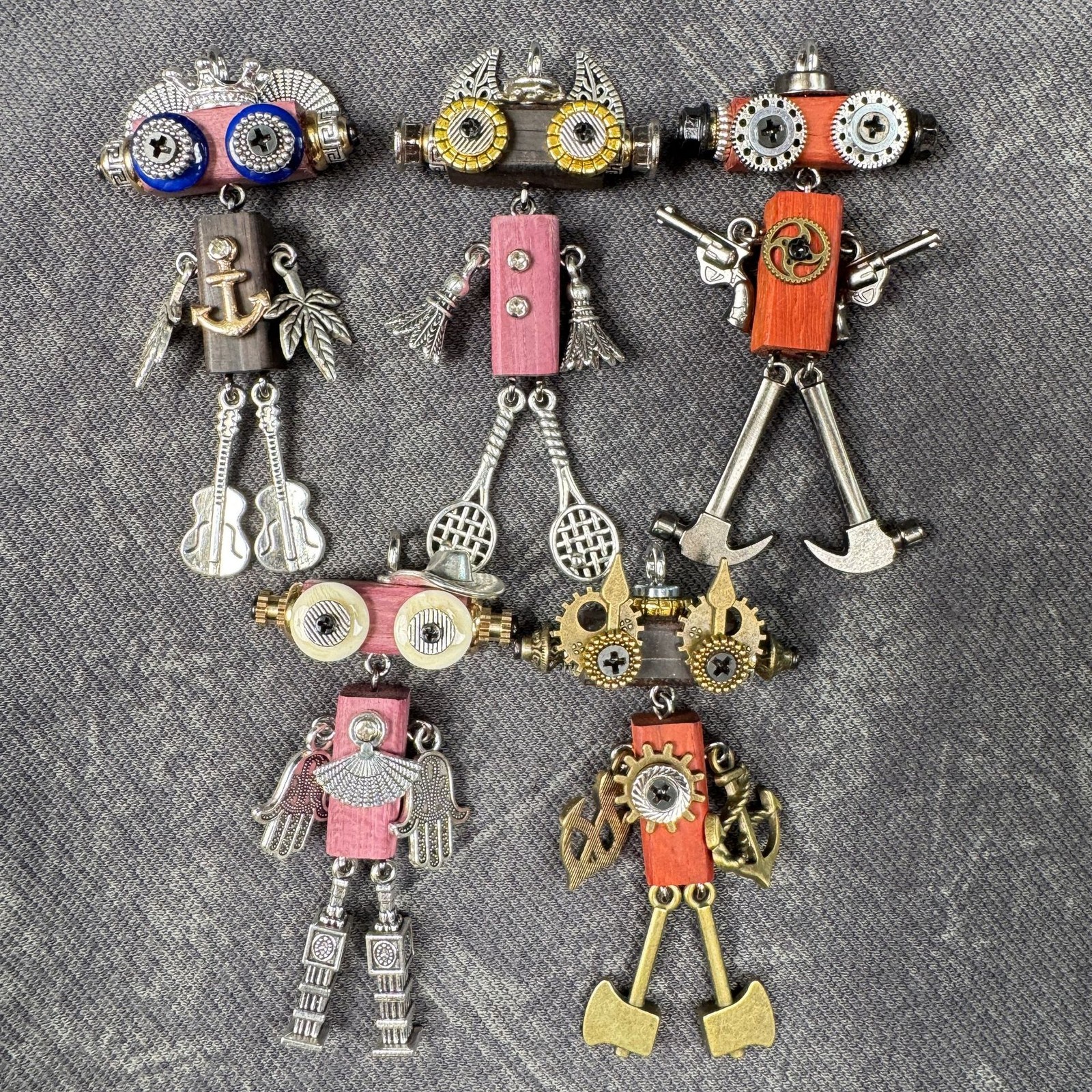 Cute Weird Punk Wooden&Alloy Robot Keychain – Steampunk Handmade Key Ring Charms