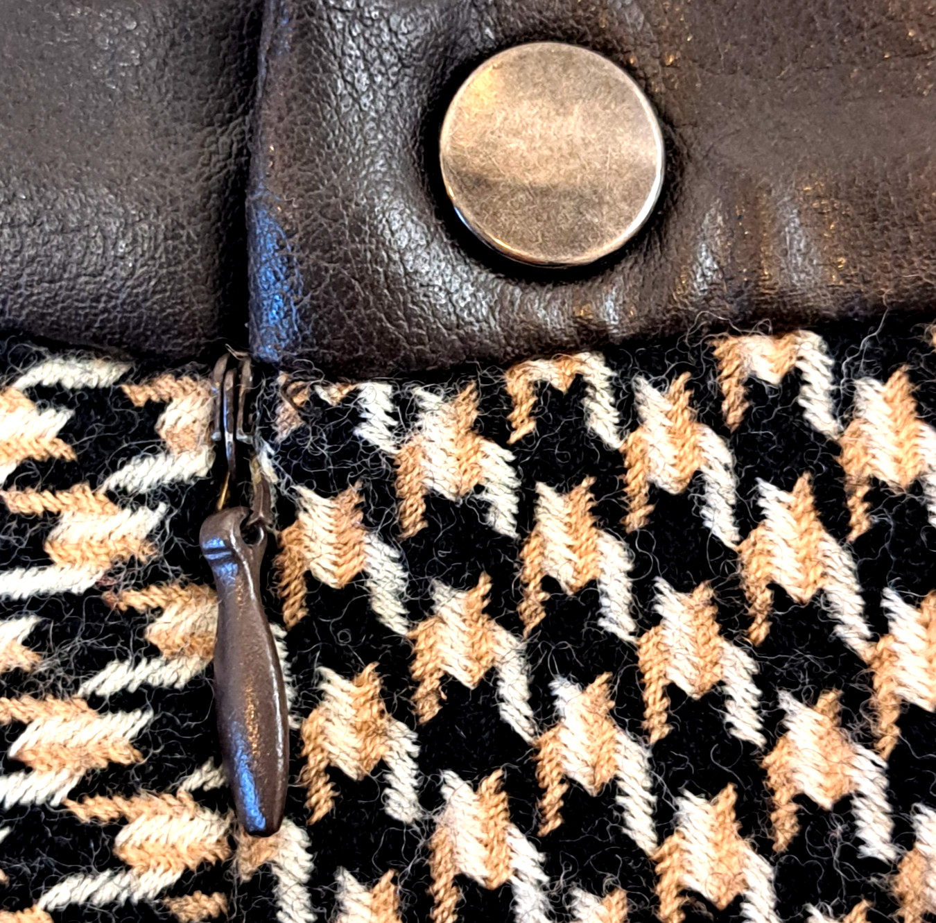 Houndstooth Wool Blend Faux Leather Trim A-Line Skirt Wm’s Small 27″x26″ Brown