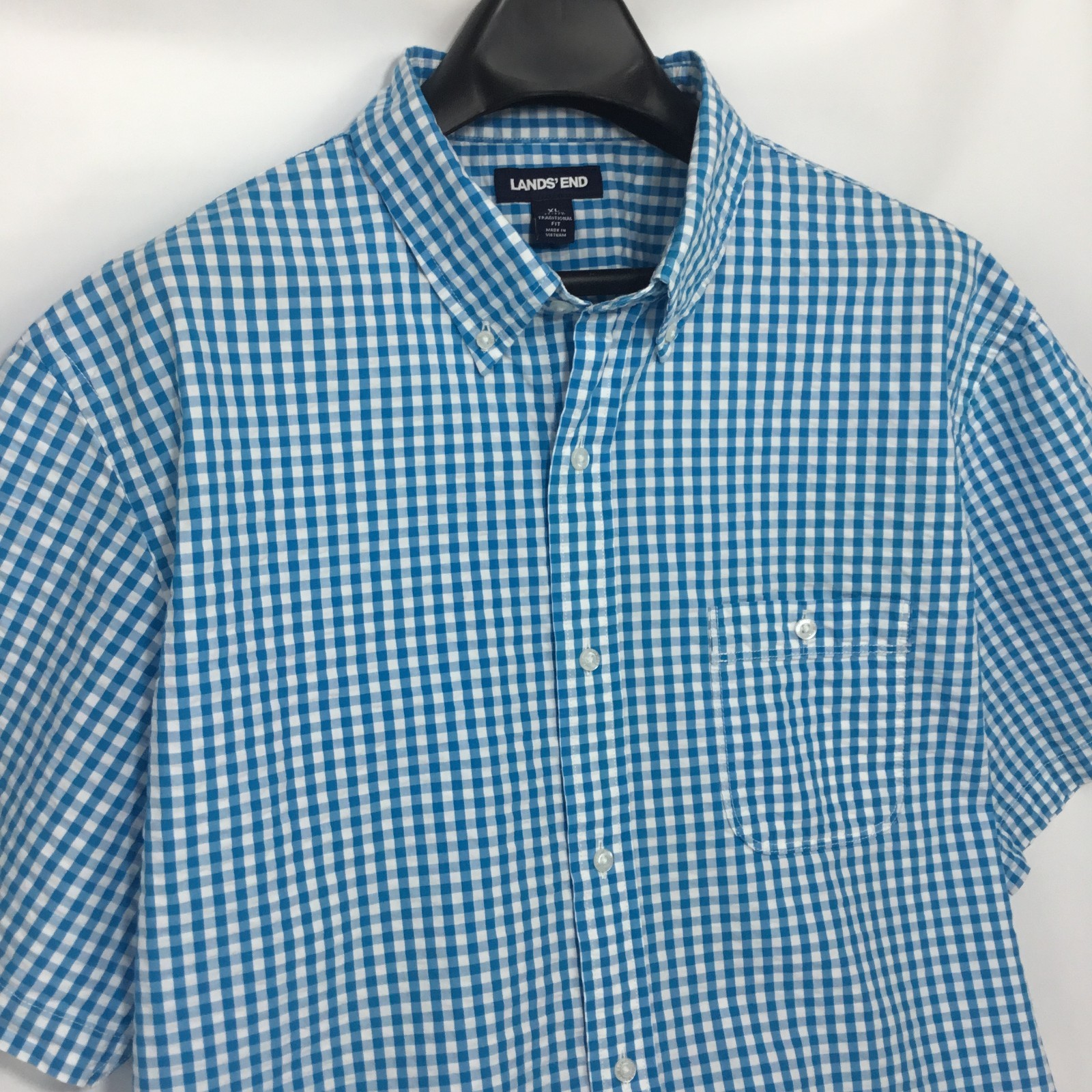 Lands End Mens Seersucker Shirt XL Blue White Gingham Short Sleeve Traditional