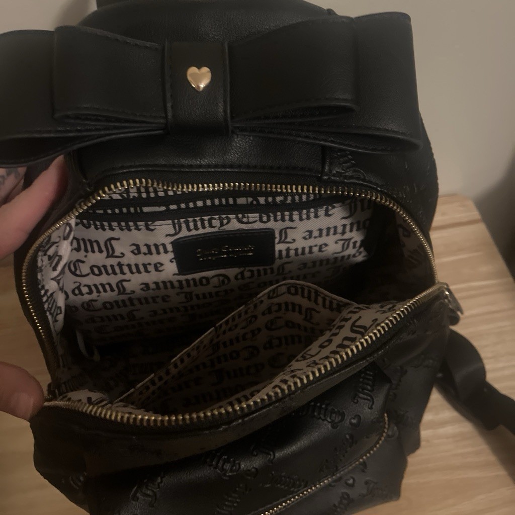 Juicy Couture Black Small Backpack Quilted Logo Bow, Gold Hardware Zip, Charm