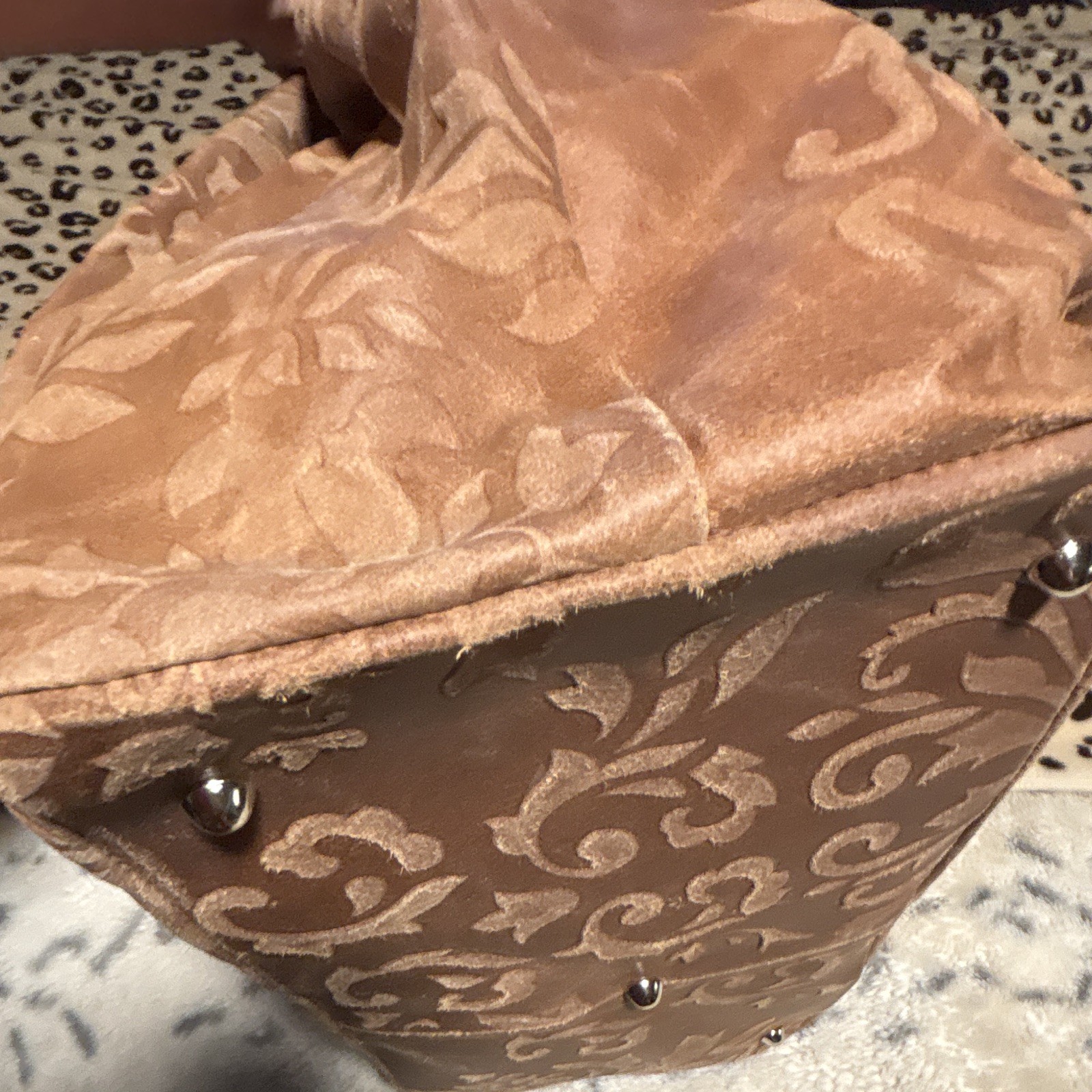 Lilium Firenze Brown Floral Embossed Satchel Top Handle Zip Detachable Strap