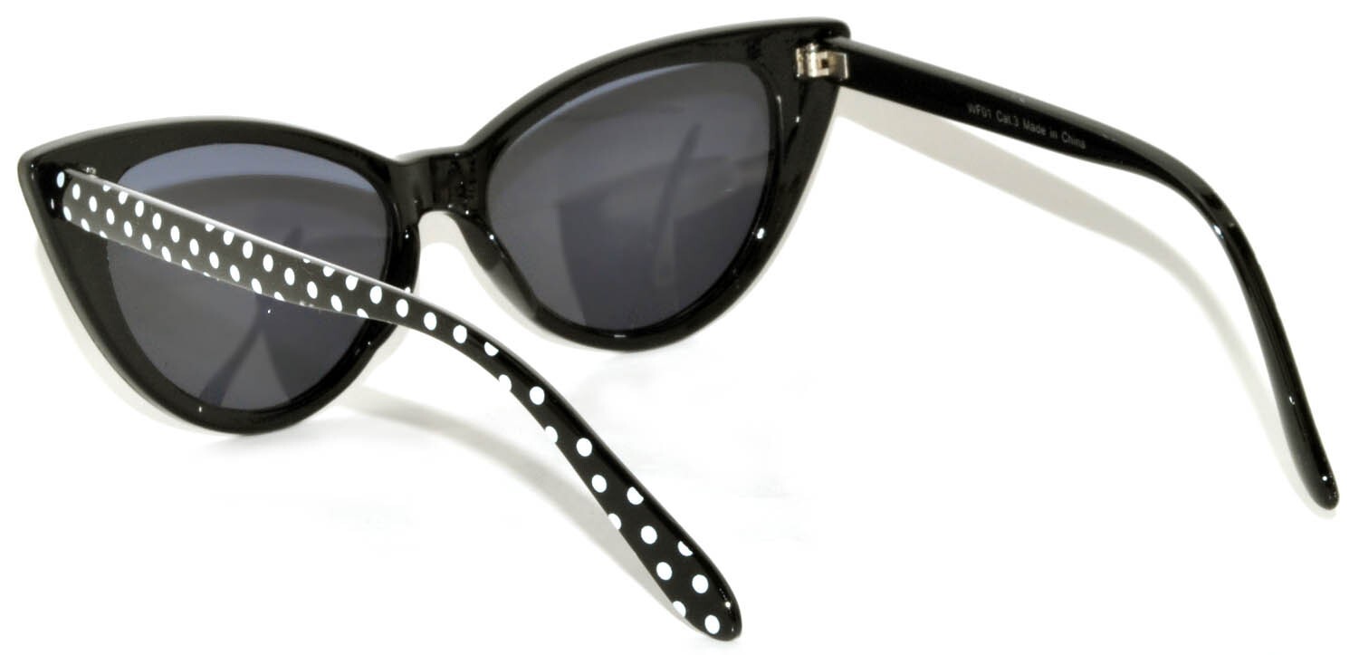 BLACK CAT EYE WHITE POLKA DOTS SUNGLASSES DARK GREY SMOKE LENS WOMEN UV400