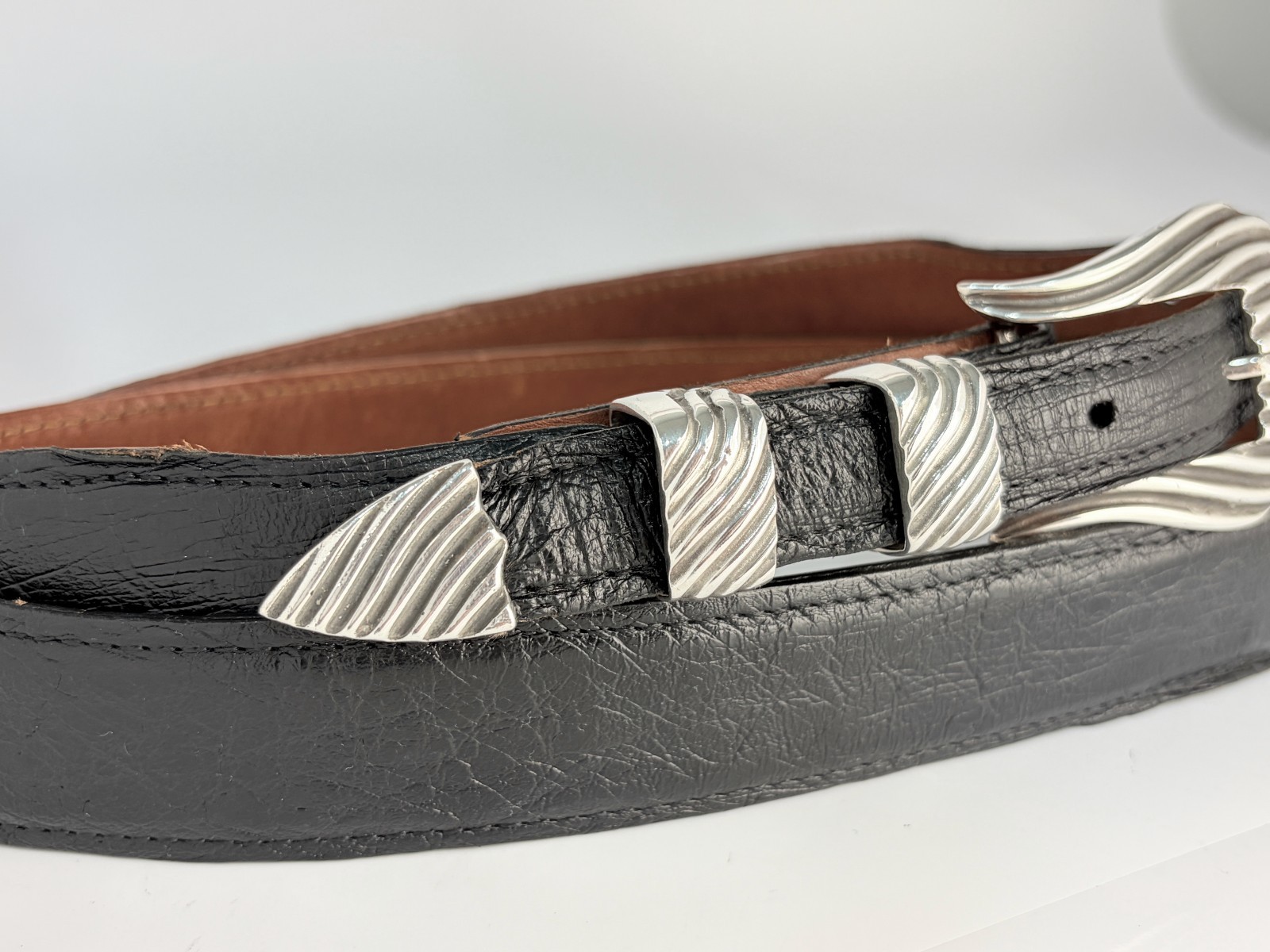 Chacon Sterling Silver .925 Ranger Belt Buckle 39-40 Genuine Ostrich Santa Fe