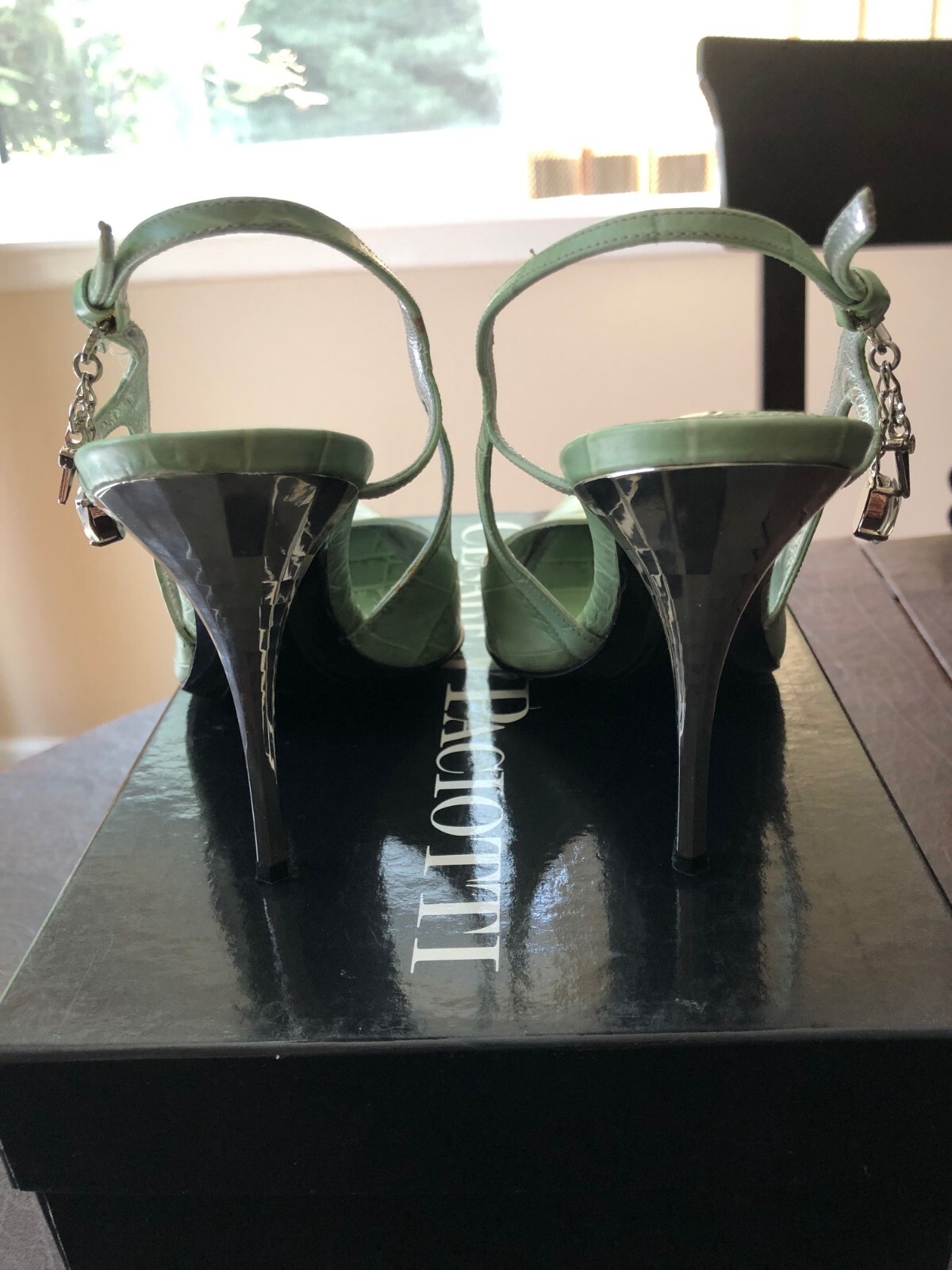 Rare and Unique Cesare Paciotti Dagger Charms Green Stiletto Hills Size 39 US 9