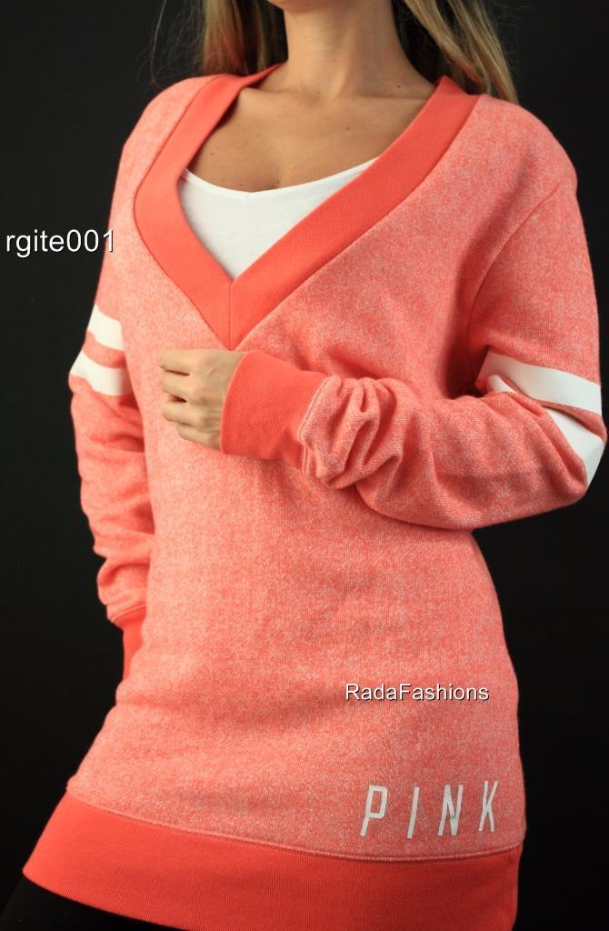 Victoria’s Secret PINK Deep V Neck Fleece Tunic Varsity Logo Marled Sweatshirt