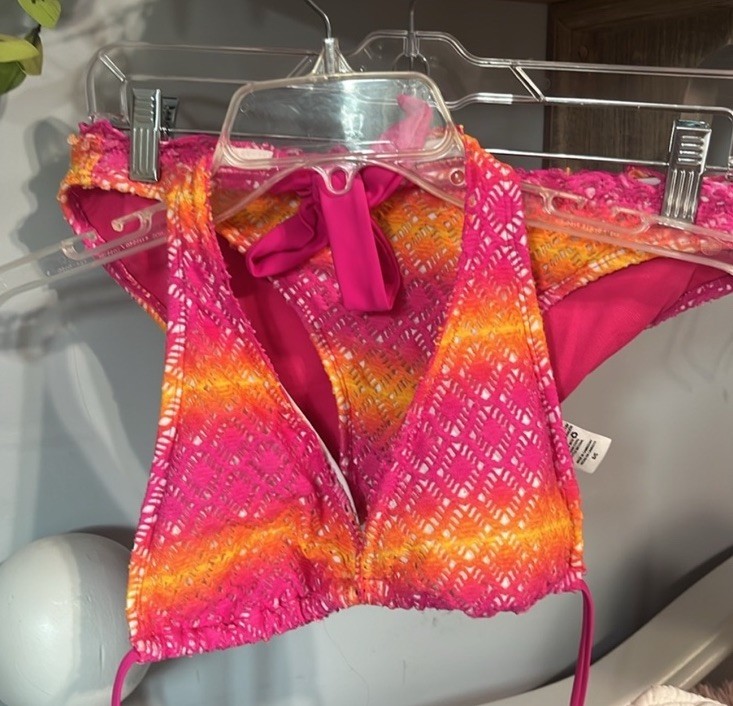 Crochet Lace Colorful Bikini Set Orange Pink Yellow Top S Bottoms M Retro