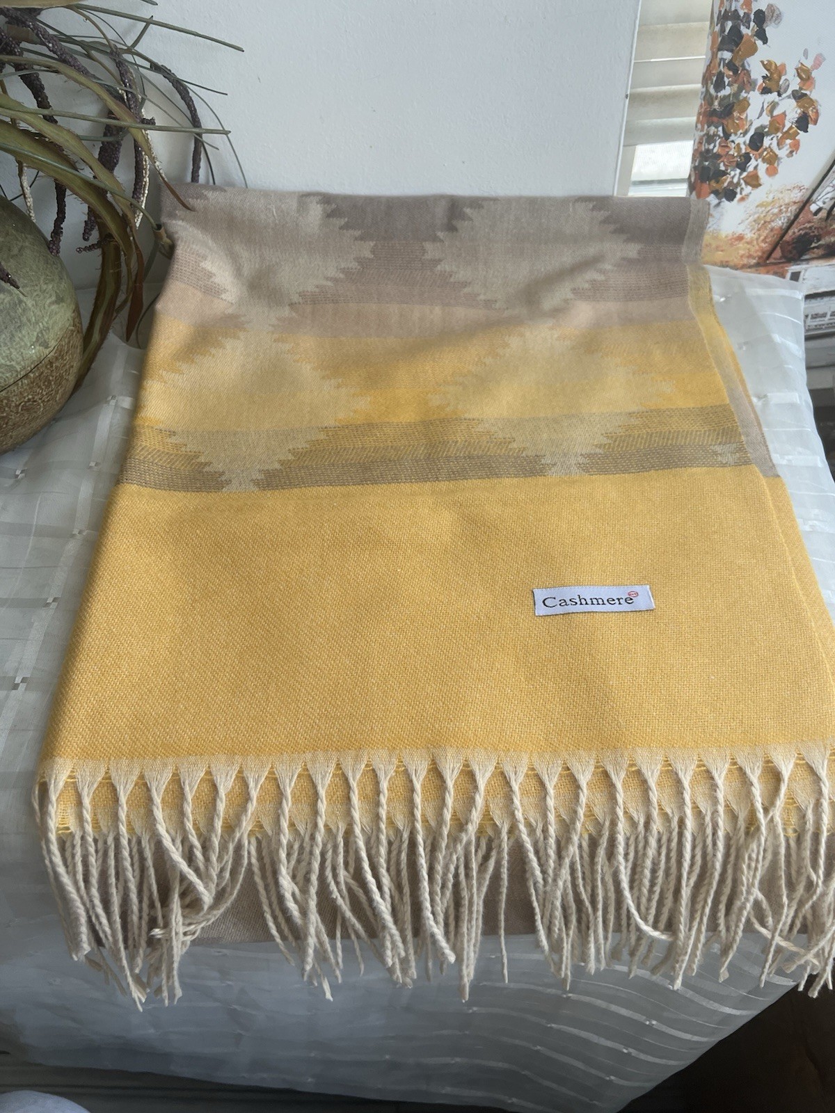 Yellow & Beige Geometric cashmere shawl throws