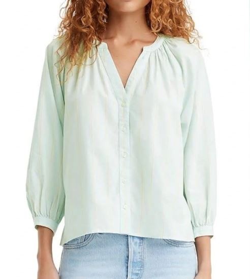 Levi’s XSmall Top Lainey Blouse Green Peach Stripes Puff Sleeves 100% cotton XS