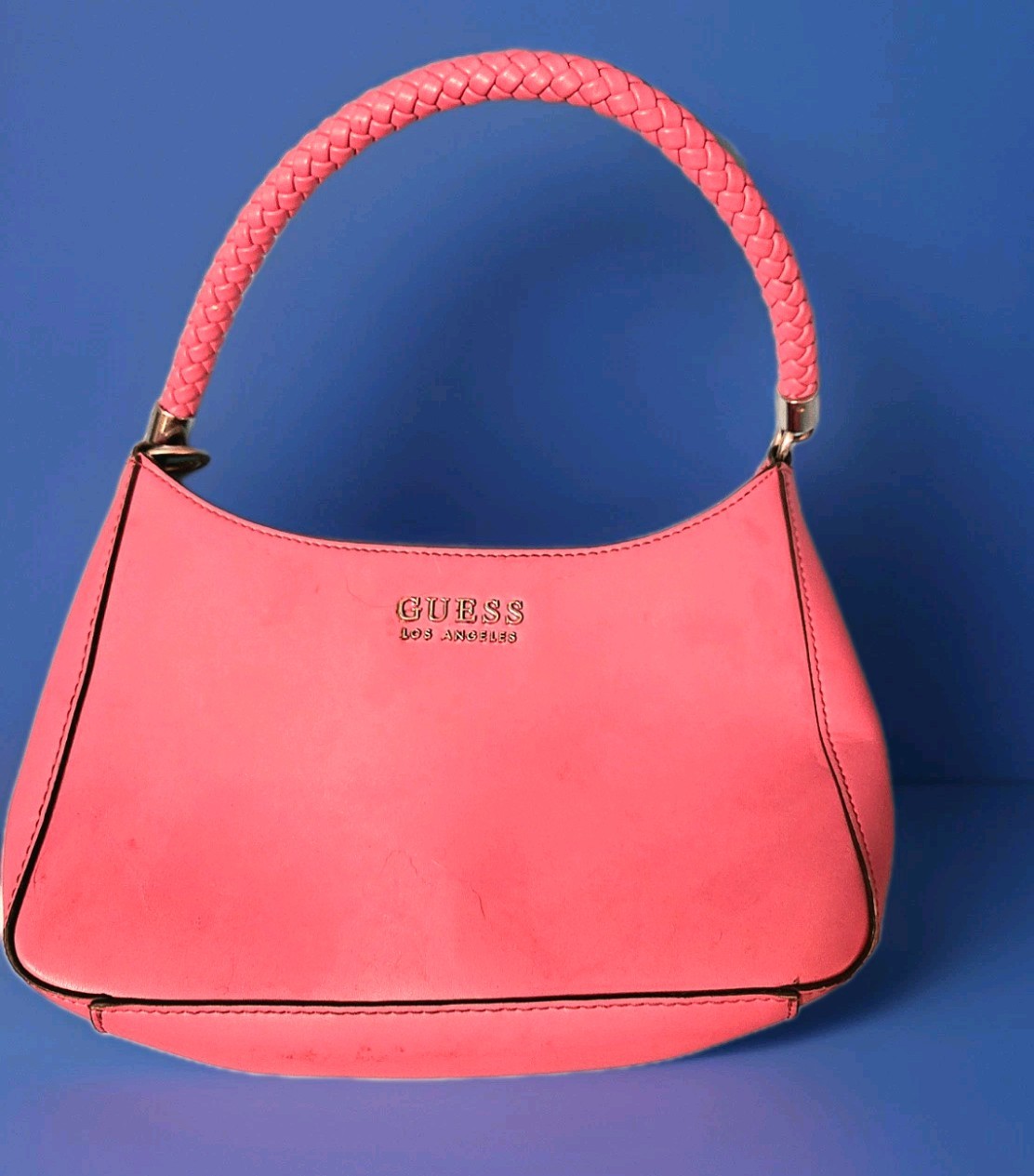 GUESS Pink Top Handle Bag Braided Handle Logo Pattern Silver Hardware