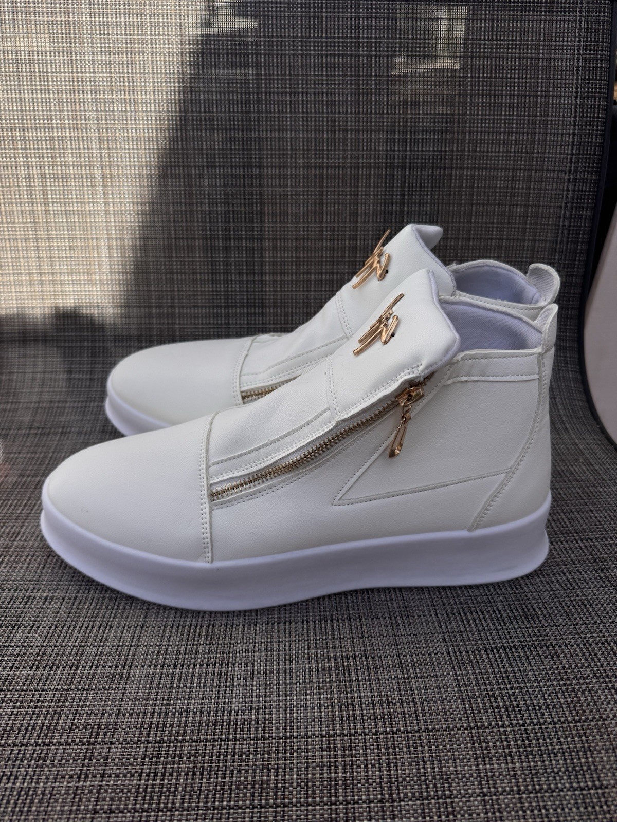 Men White High-Top Casual Sneakers,Thick Rubber Sole, Synthetic Material Size 44