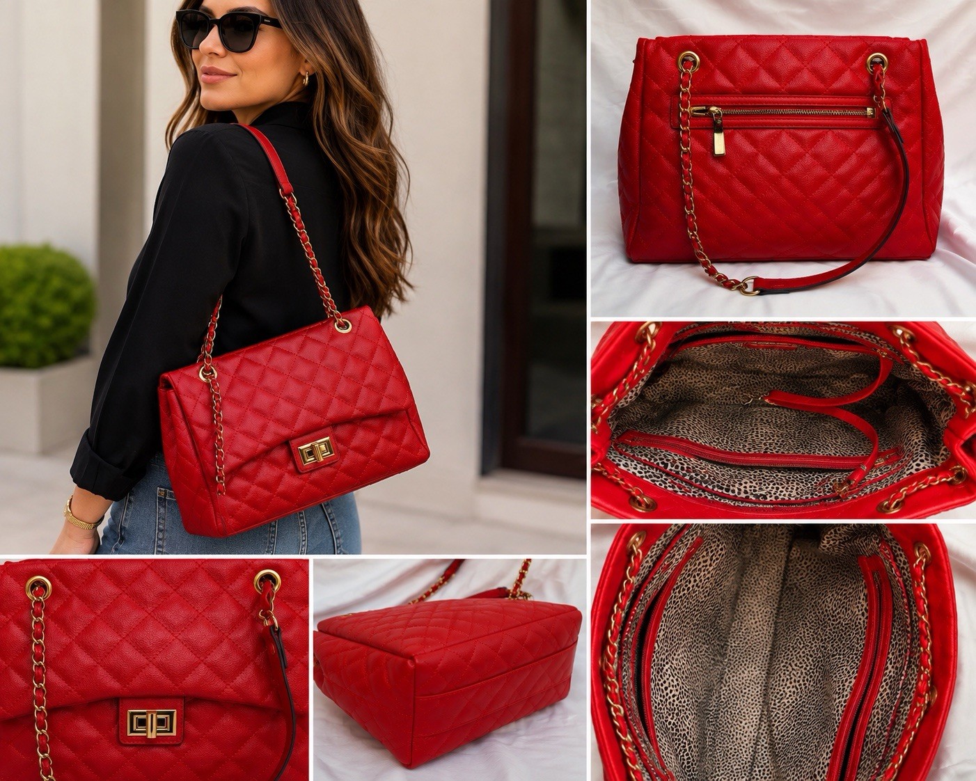 Women’s Red Quilted Shoulder Bag Gold Chain Strap Turn Lock Zip, Inner Pockets