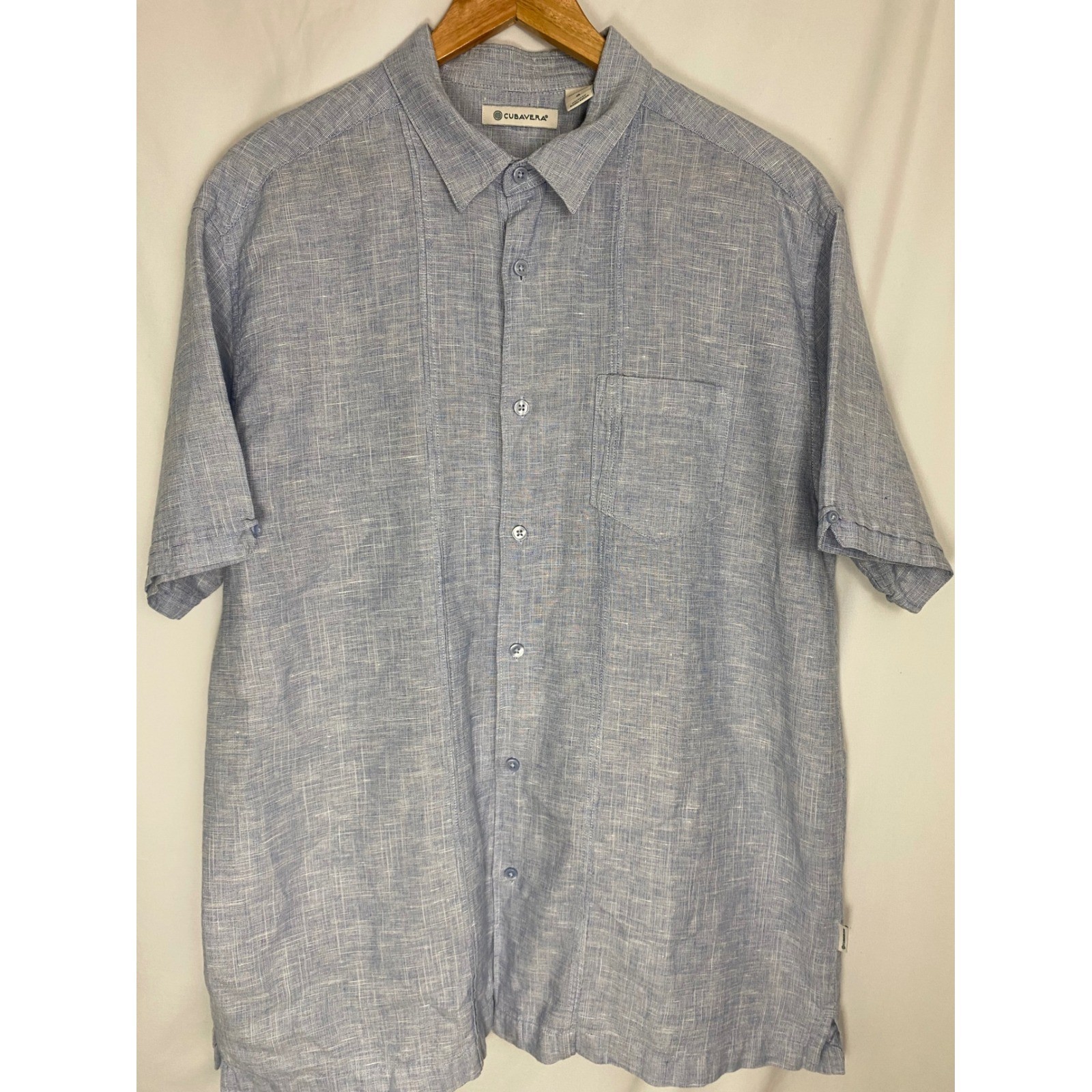 Cubavera Shirt Mens Large Blue Excellent Linen Blend Short Sleeve Guayabera Top