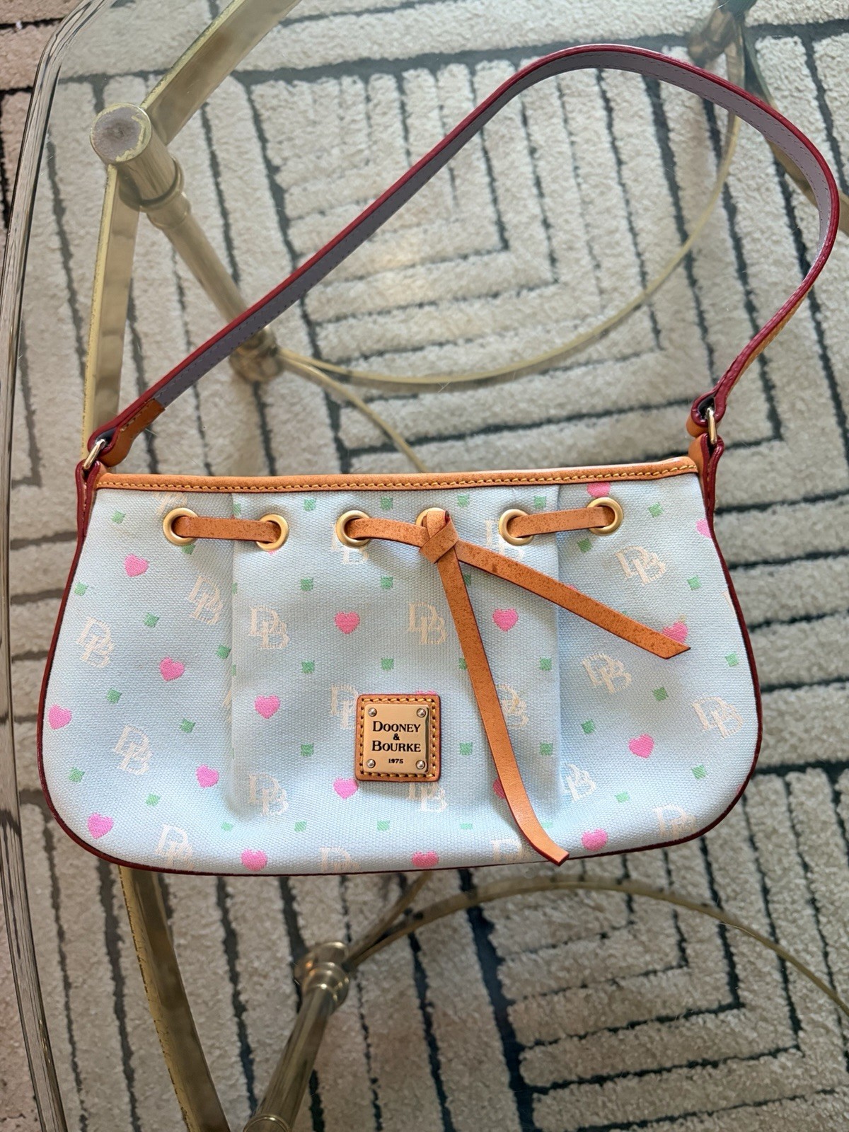 Dooney & Bourke Logo Heart Shoulder Bag Drawstring Zip Light Blue Pink Gold