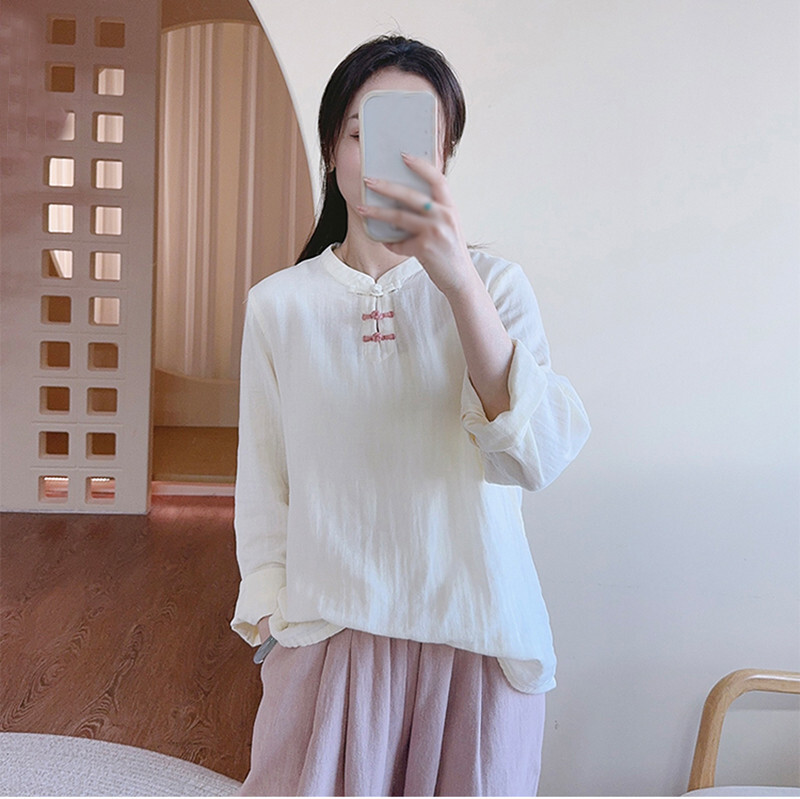Spring Chinese Style Womens Casual Tops Blouse Loose Long Sleeve Pullover Shirts