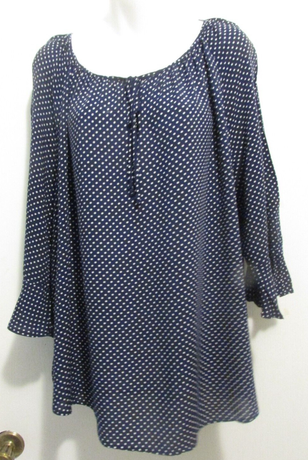 Sz 2X Fred Davis 100% Rayon Navy Polka Dot Top Bust: 53″ #226a