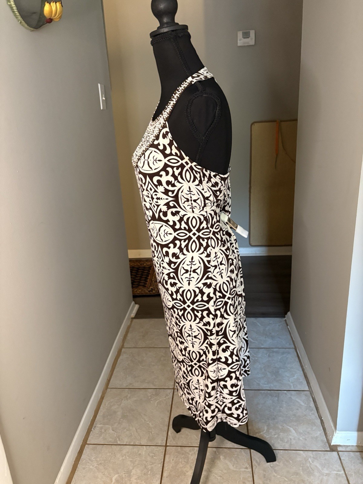 INC Brown And White Beaded Collar Lightweight Damask Sheath Dress