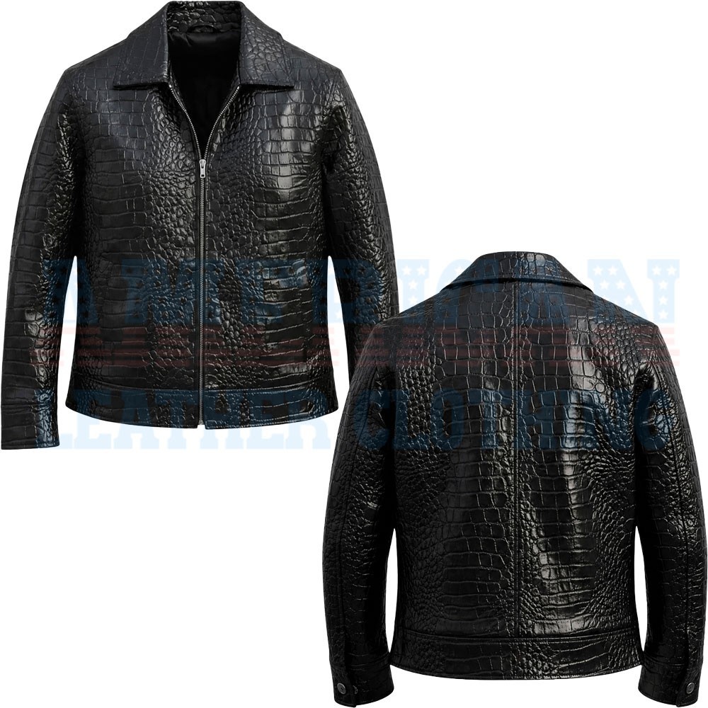 Mens Black Crocodile Embossed Leather Jacket Genuine Leather Zip Up Casual Coat