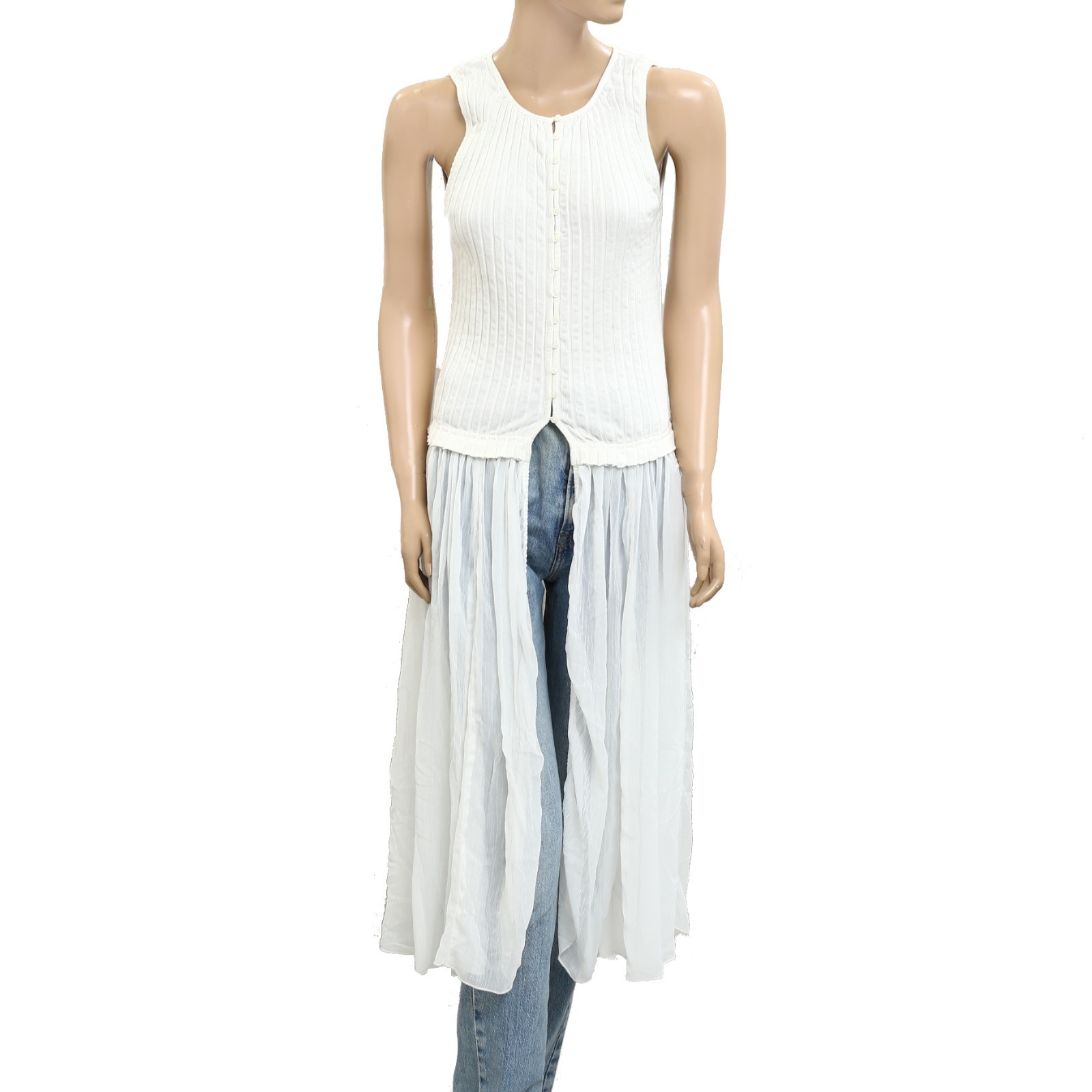 Free People Twice As Nice Maxi Tunic Top White Buttondown Sleeveless XL 280923