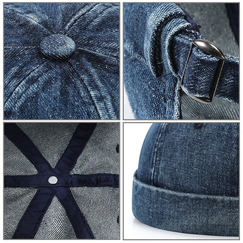 Men Denim Retro Brimless Hat Skull cap Sailor Cap Beanie Rolled Cuff Adjustable