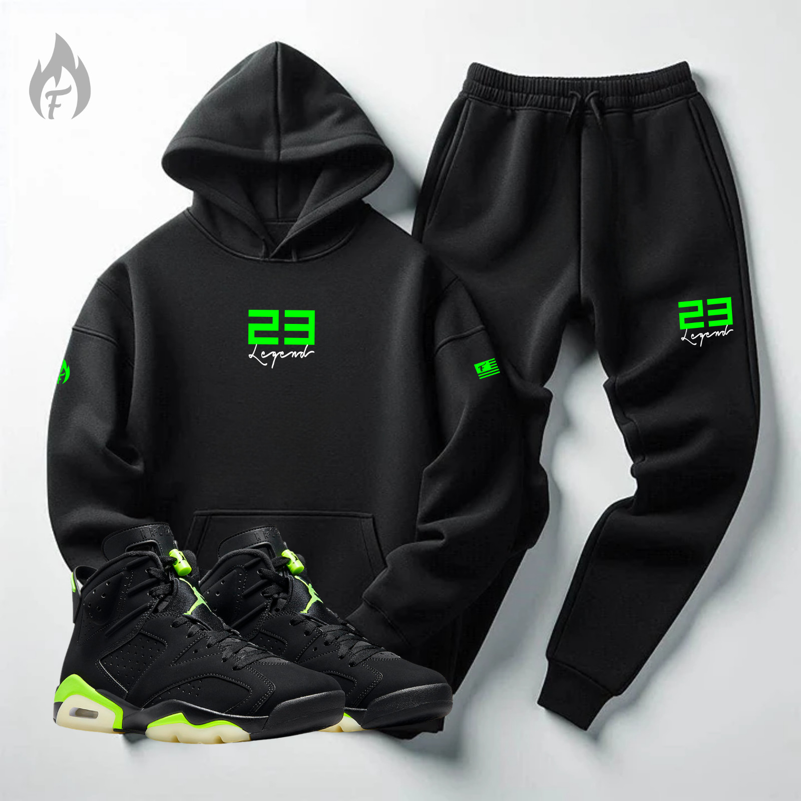 Men’s Black Neon Green Hoodie Joggers Sweatsuit Set Match Air Jordan 6 Electric