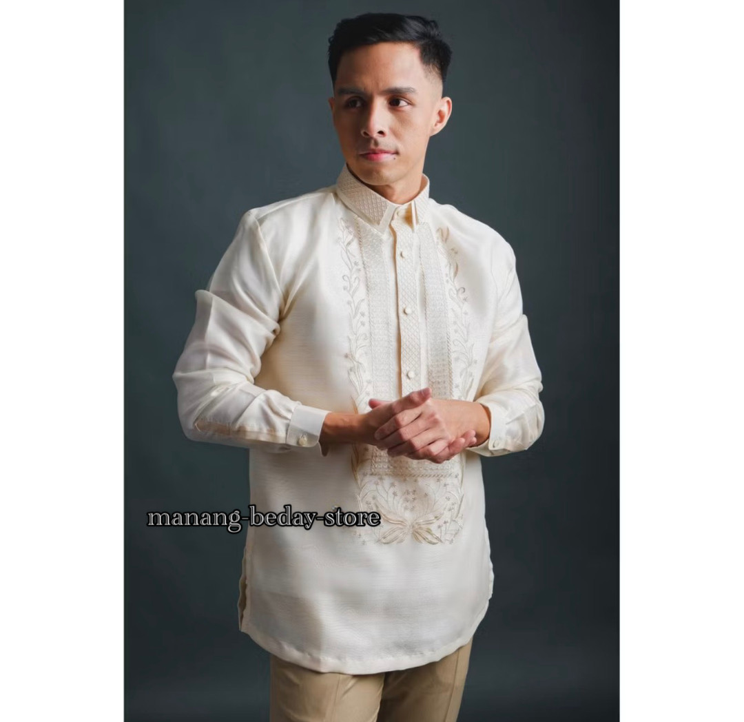 Barong Tagalog for Men Pina Organza w/ Lining Centinnial Design Beige Cream