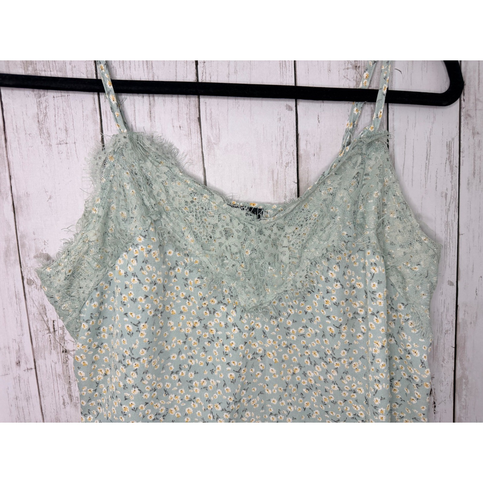 Papaya Sage Green Floral Daisy Lace Trim Camisole Top Large Adjustable Straps