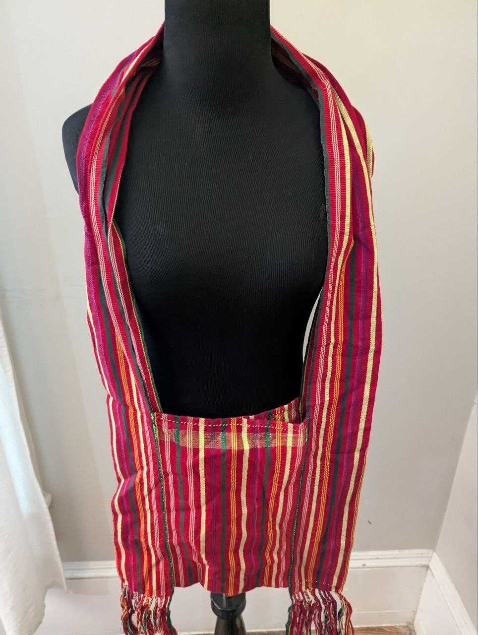 Handmade Guatemalan Maya Weavers VTG Cotton Fringe Shoulder Strap Striped ST65