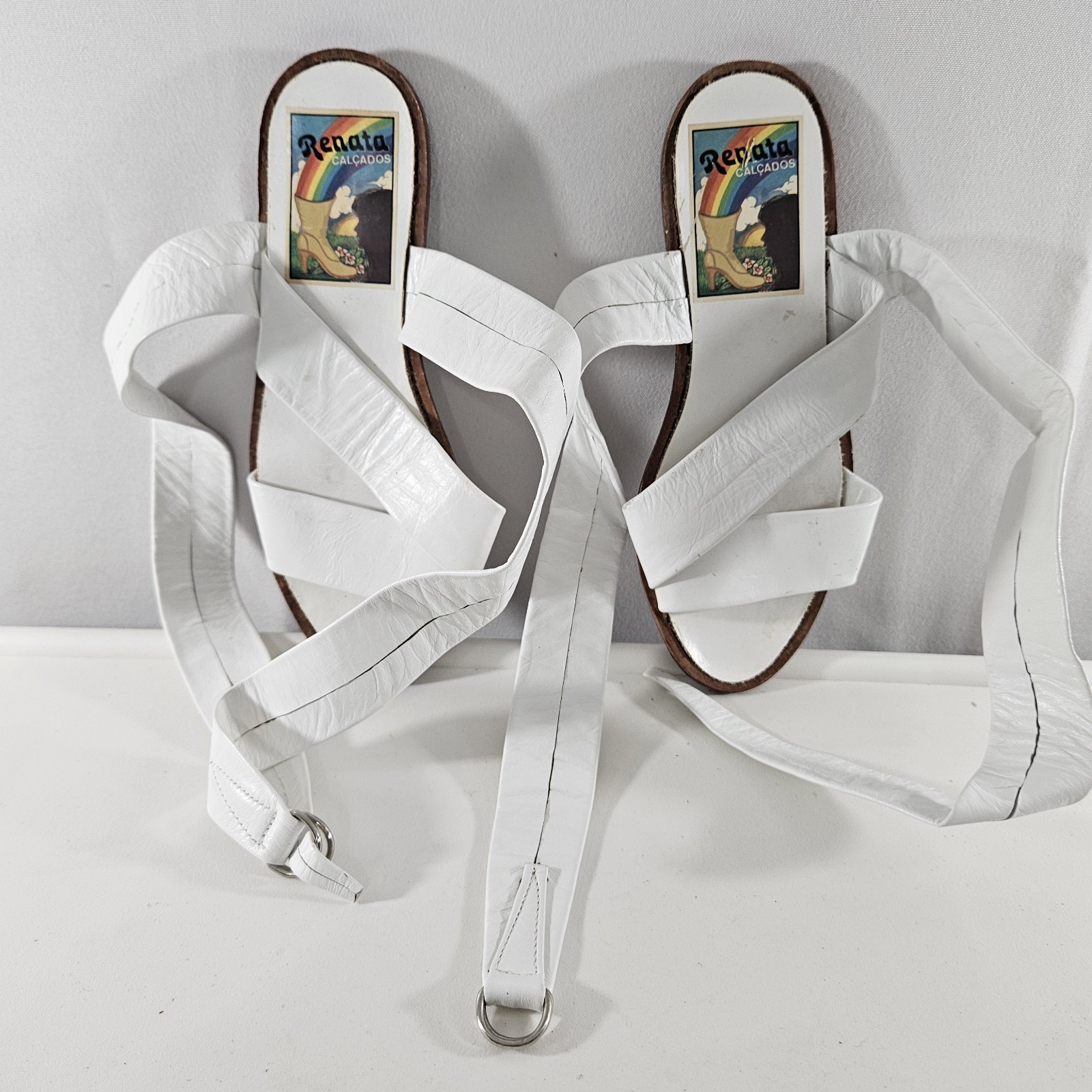 1980’s Renata Calcados White Ankle Wrap Strappy Sandals Buckles Leather Size 5