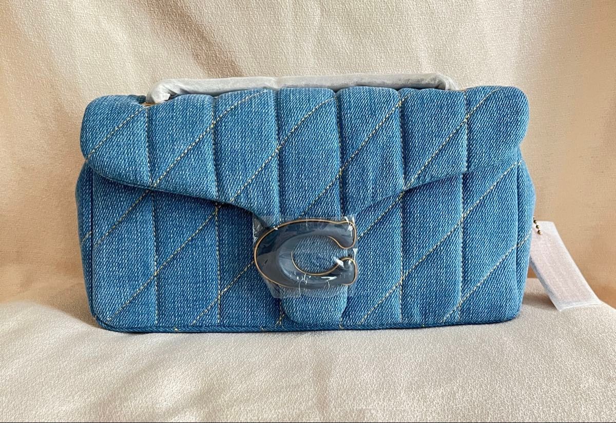 COACH Tabby Shoulder Bag Quilted Denim Leather Chain Strap 2-Way Blue 14x26x8cm