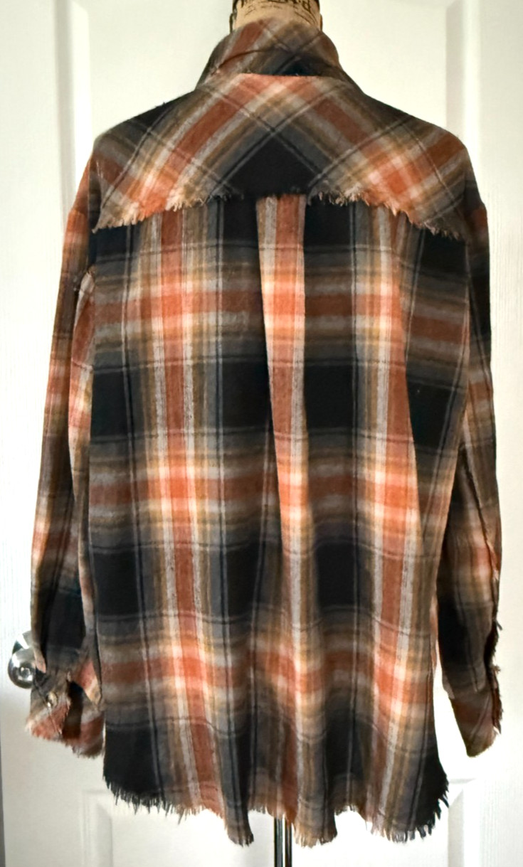 Umgee Button Up Long Sleeve Flannel Brown Plaid Distressed Fringe Boho XL