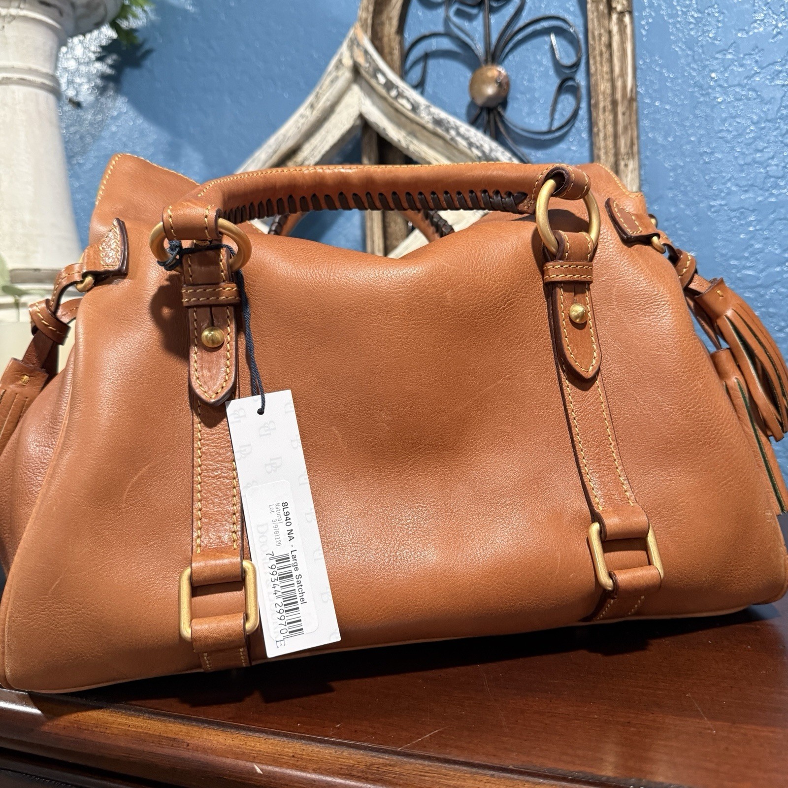 Dooney & Bourke Florentine Natural Satchel, Zip Tassel, Strap, Gold, Pockets